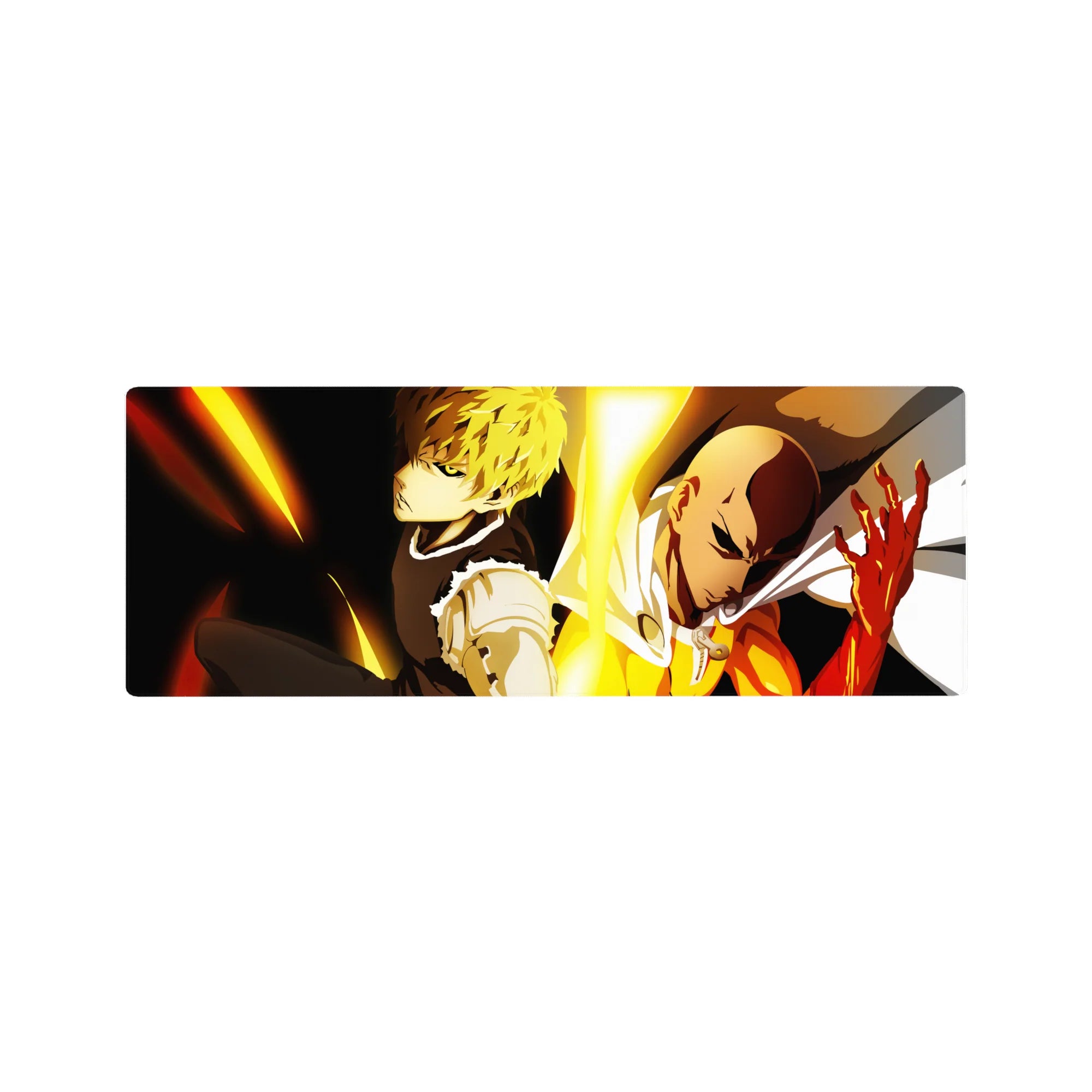 32x12 inches anime mouse pad with Saitama and Genos back-to-back, crisp lines and heroic shading.