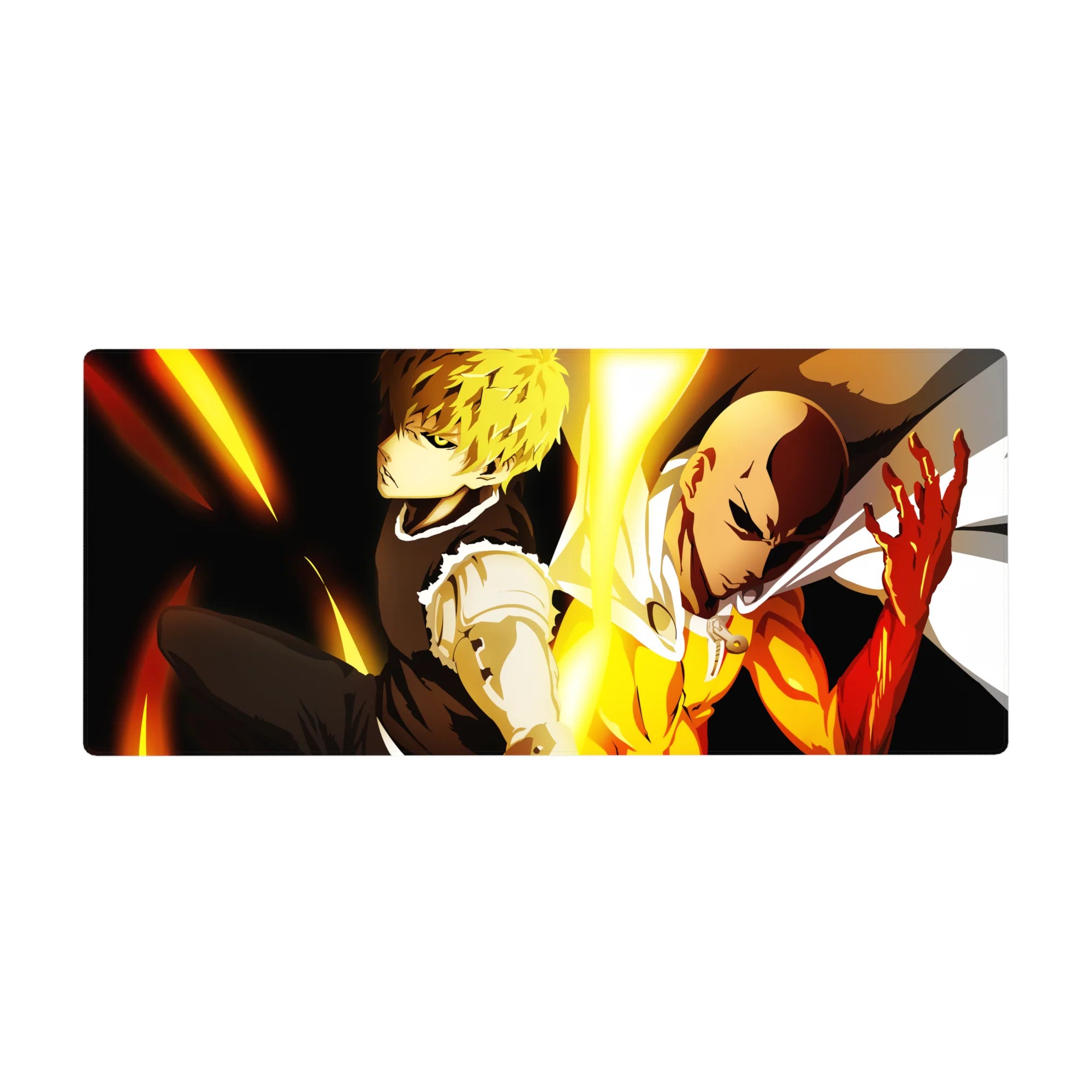 36x16 inches anime desk pad with Saitama and Genos back-to-back, sharp lines and heroic shadows.