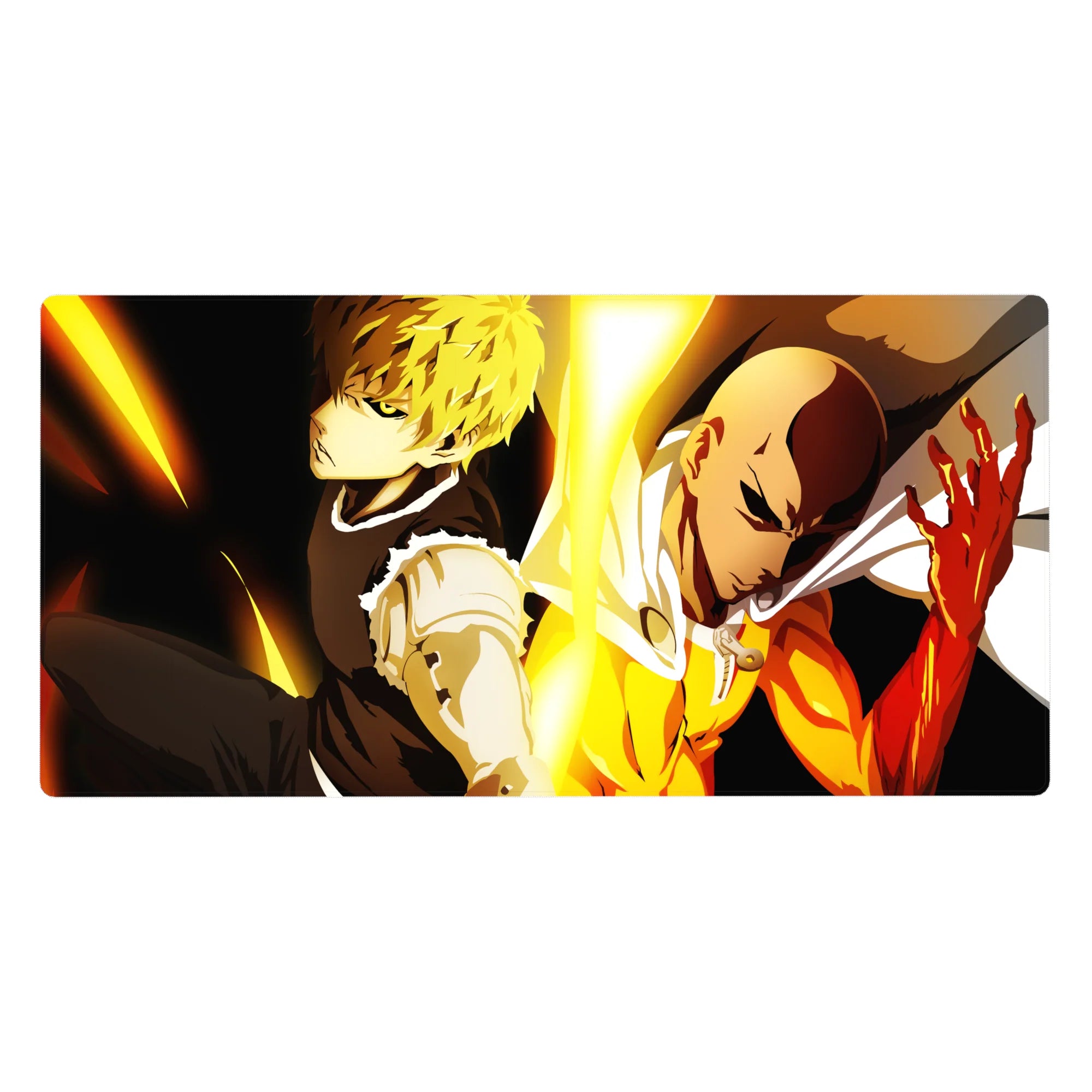 40x20 inches anime desk pad with Saitama and Genos back-to-back, bold lines and sharp shadows.