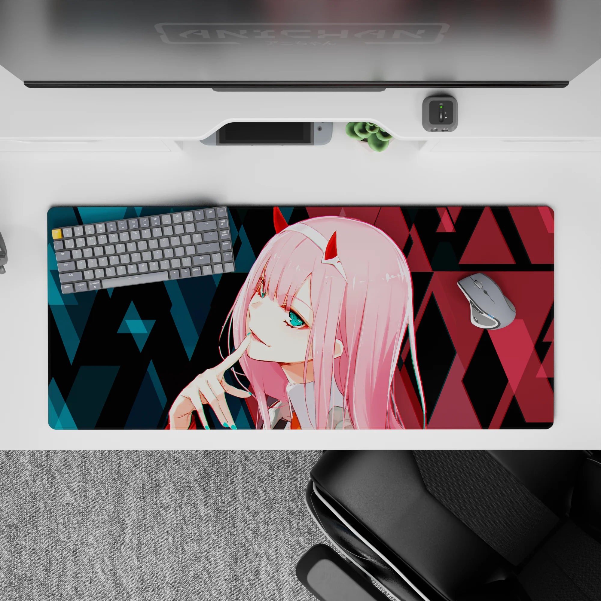 36x16 inches mouse pad with Zero Two design, showcasing neon highlights, geometric patterns, and glitchy elements for a bold, futuristic aesthetic.