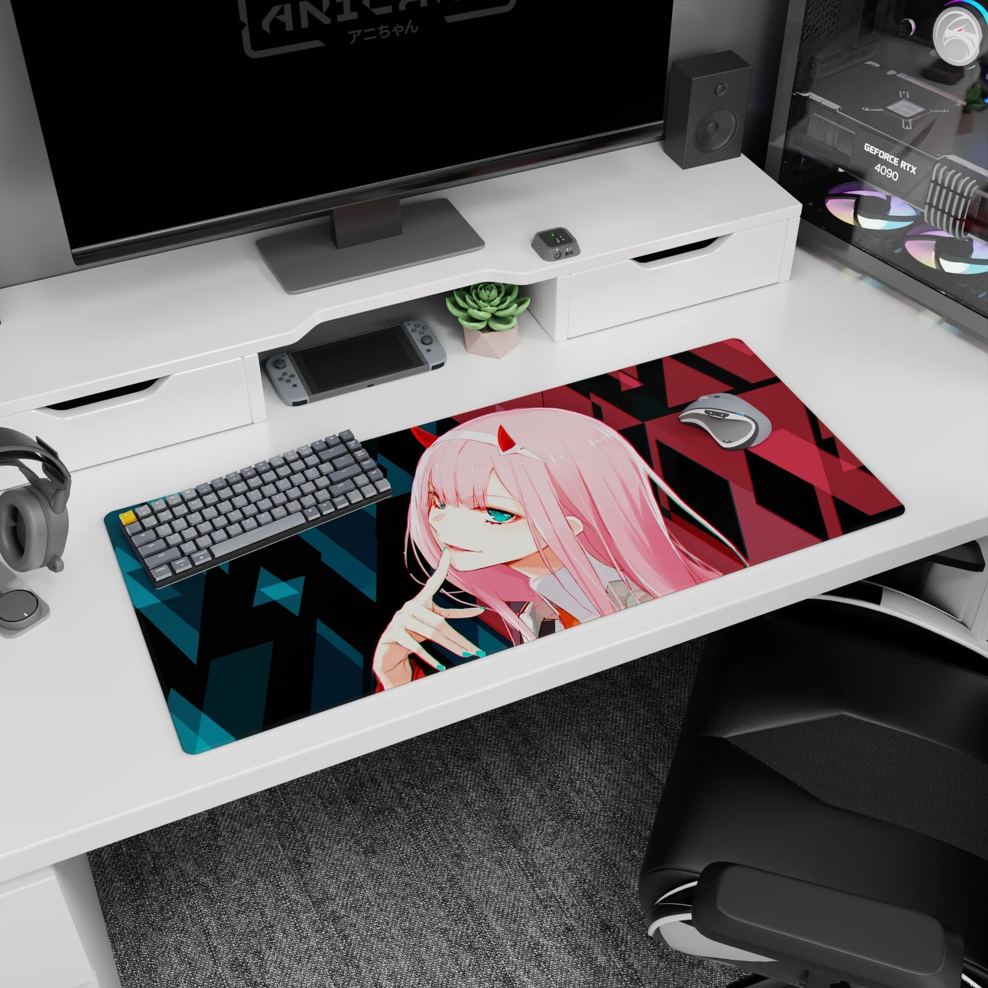 Artistic 36x16 inches mouse pad featuring Zero Two design, with glitchy cyberpunk elements, neon highlights, and sharp geometric patterns for a dynamic effect.