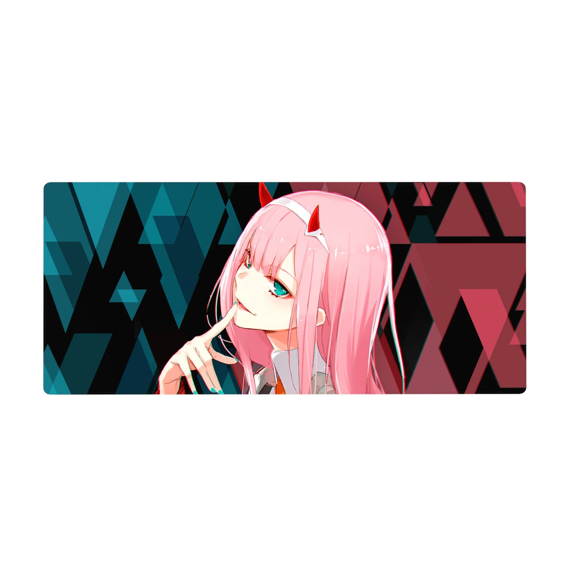 Mouse pad featuring Zero Two design, 36x16 inches, with glitchy cyberpunk style, neon highlights, and sharp geometric patterns for a tech-inspired vibe.