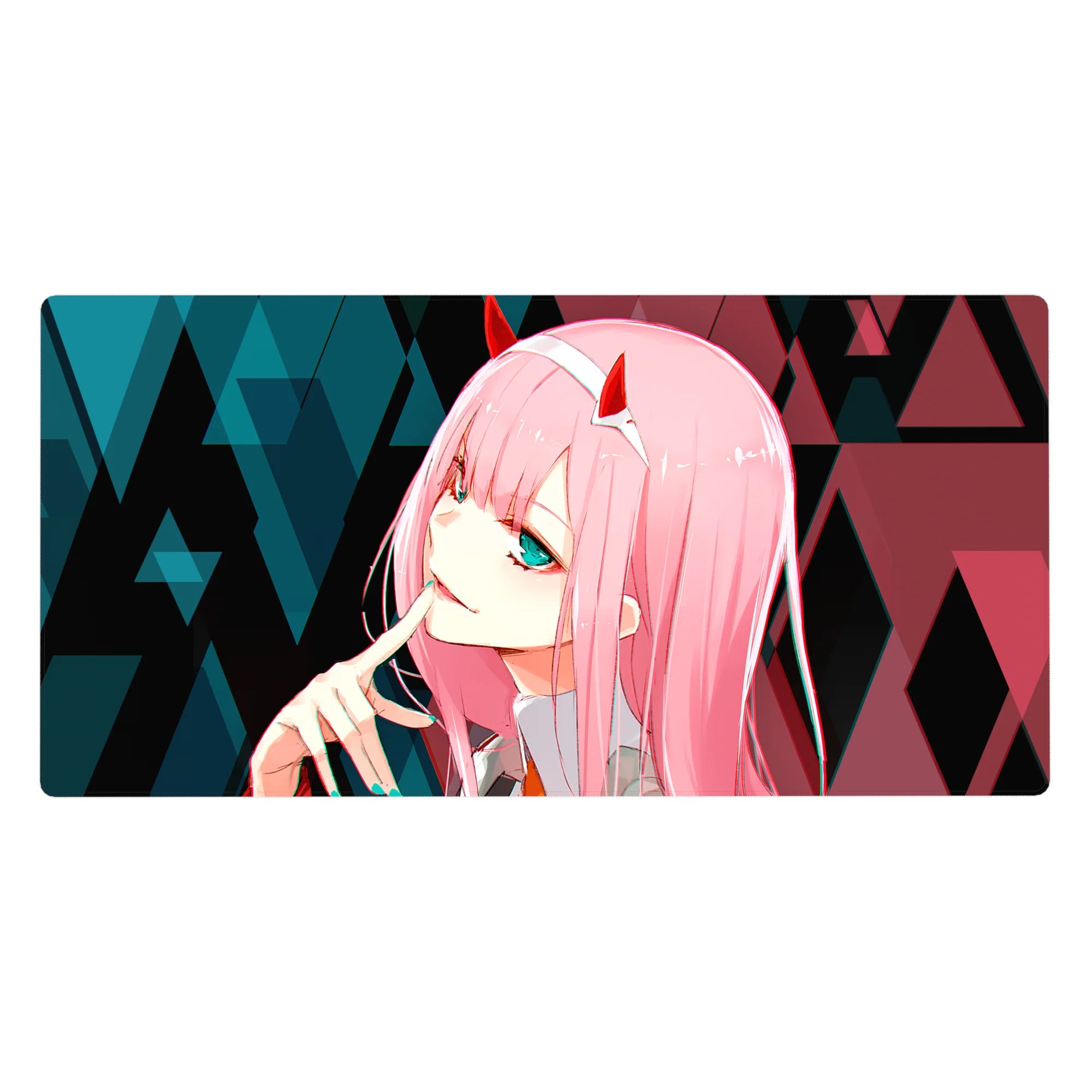 Mouse pad featuring Zero Two design, 40x20 inches, with glitchy cyberpunk aesthetic, neon highlights, and sharp geometric patterns for a futuristic anime look.