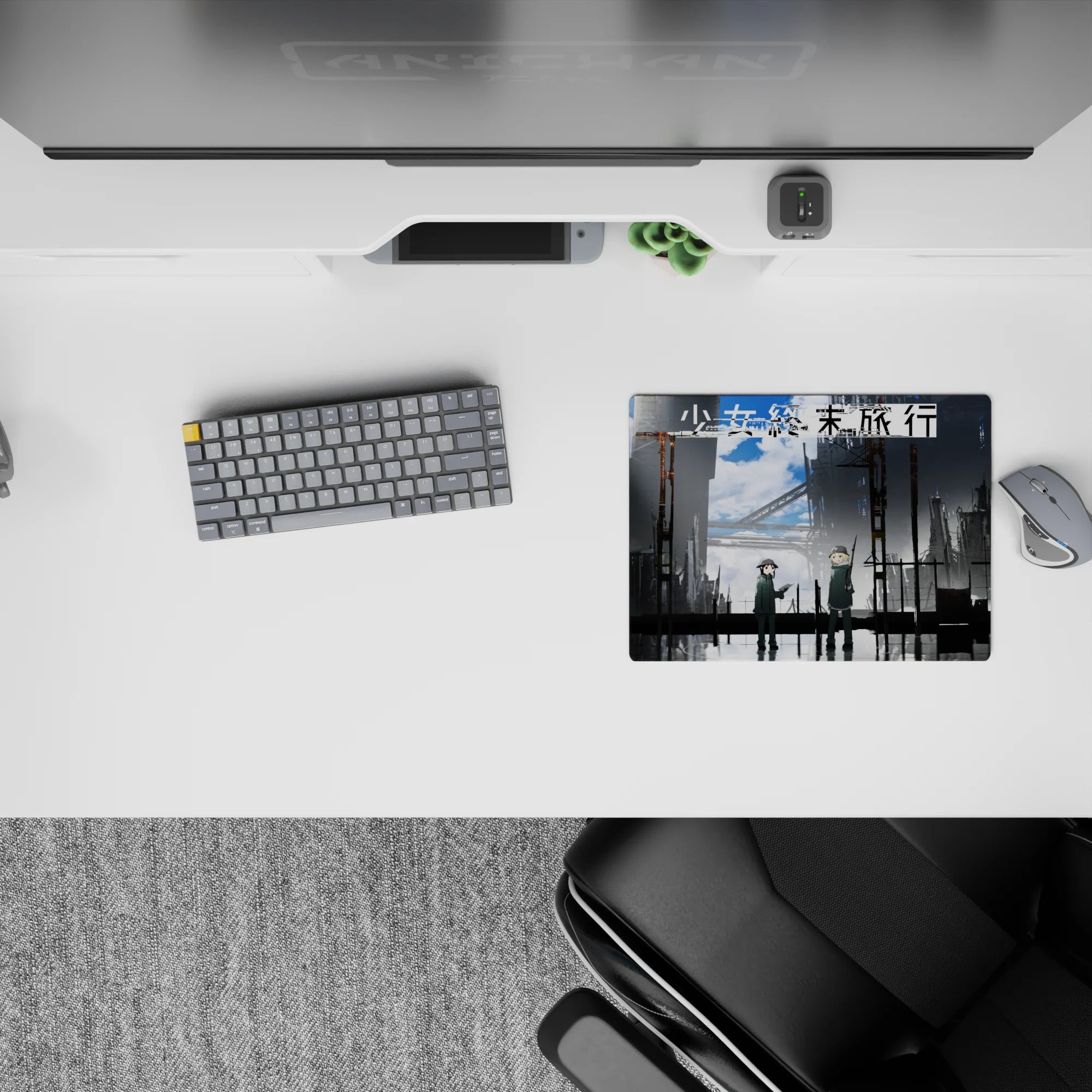 Moody steel-gray and stormy-blue anime mouse pad 14x10 inches with reflective rain streets and calm vibe.