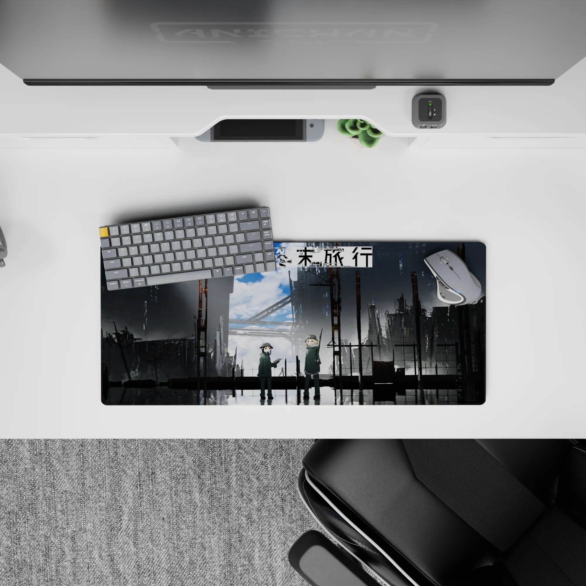 28x12 inches anime mouse pad in steel grays and stormy blues, calm post-chaos mood with wet reflections.