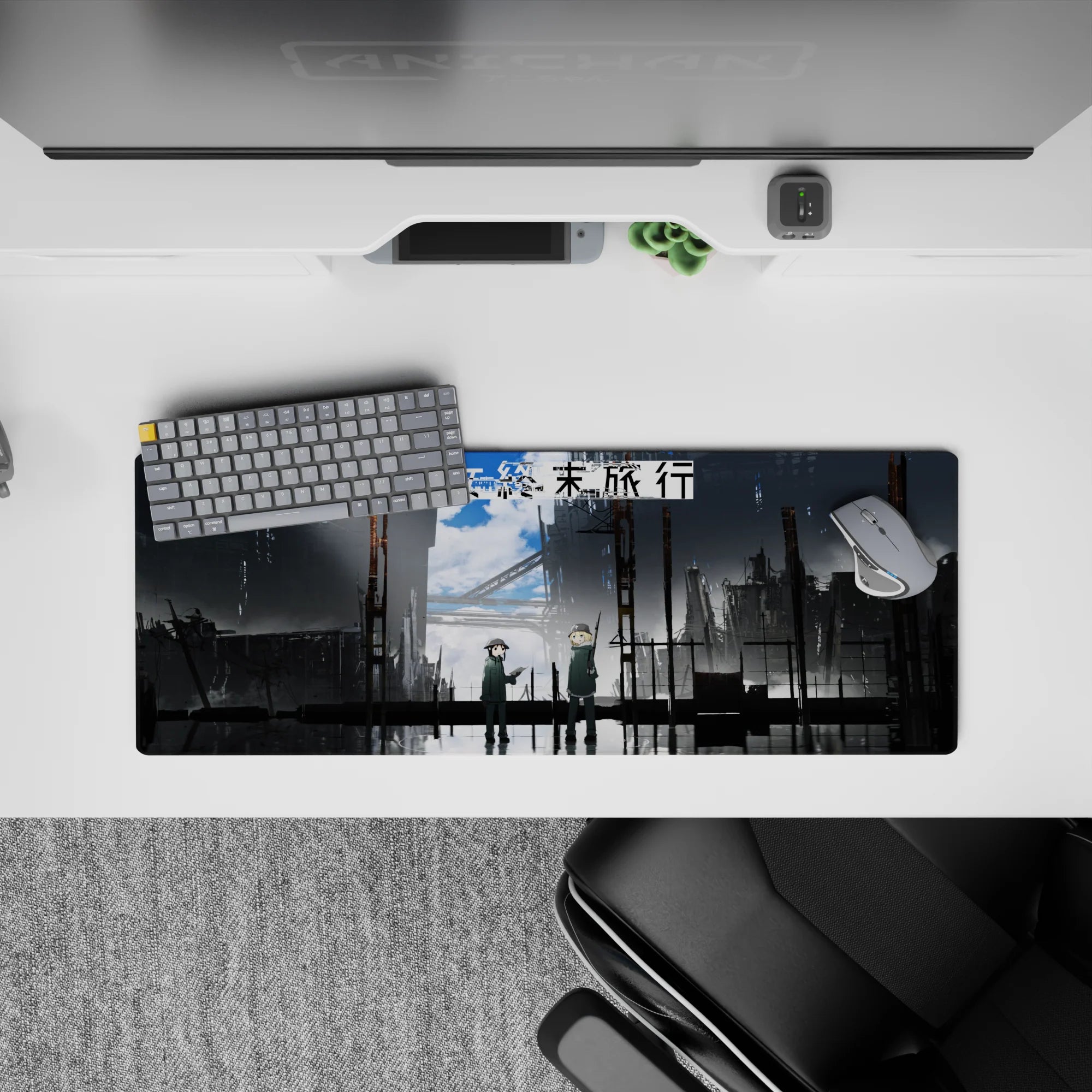 32x12 inches anime mouse pad in stormy blues and steel grays, calm after chaos with reflective puddles.