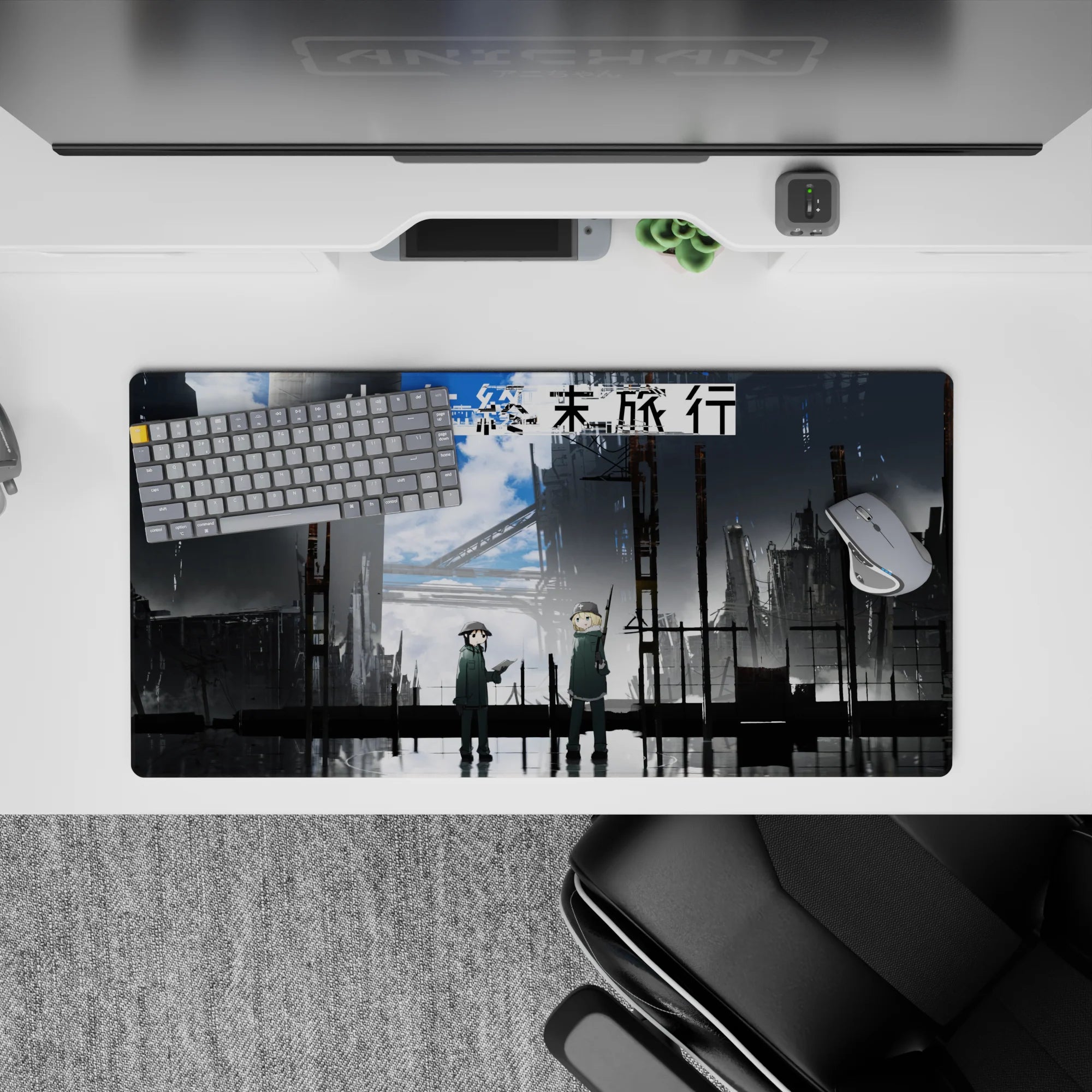 32x16 inches anime mouse pad in steel gray and stormy blue, calm post-chaos mood with wet streets.