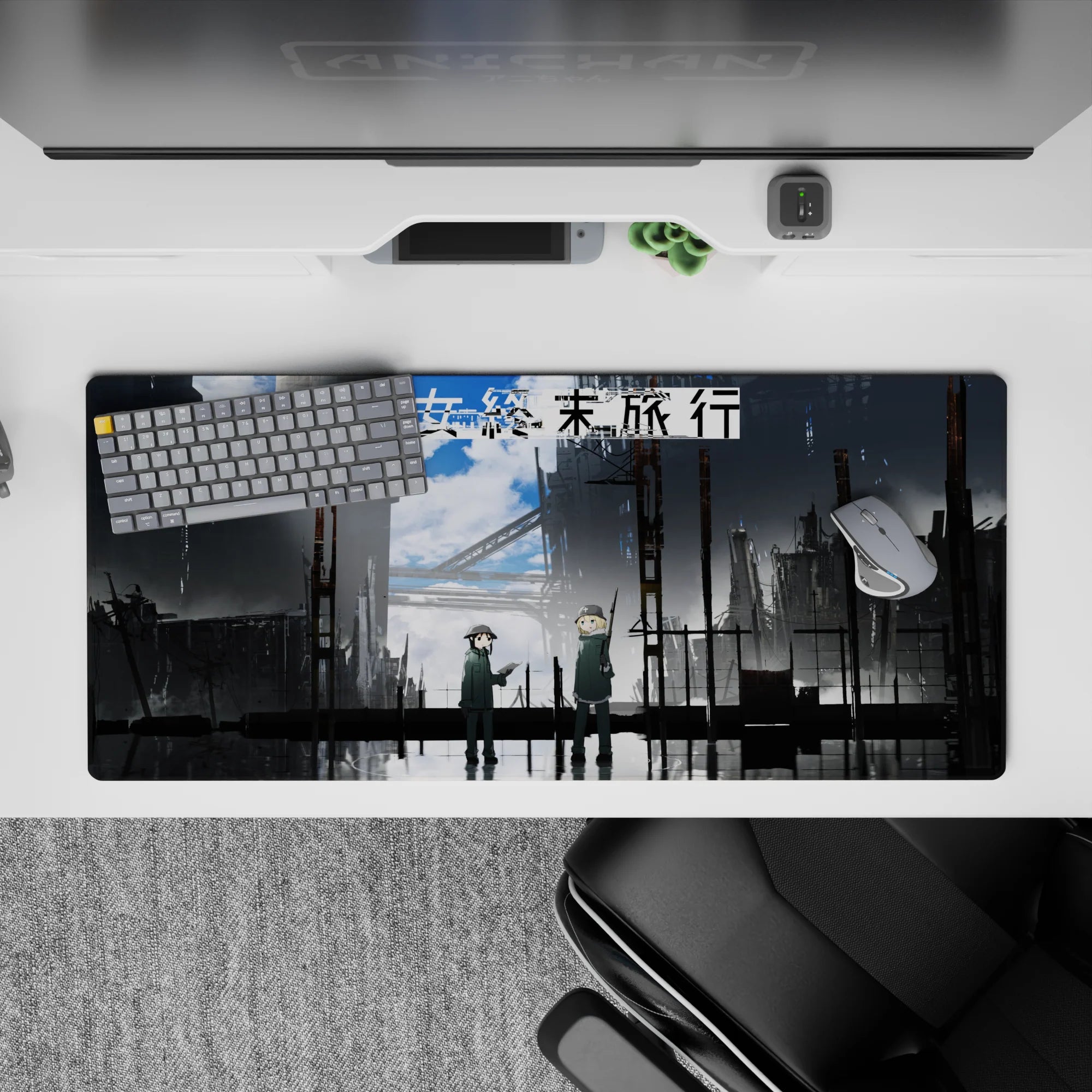 36x16 inches anime desk pad in stormy blues and steel grays, quiet post-war mood with reflective puddles.