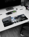 32x12 inches anime mouse pad showing two helmeted figures in military coats on a rain-gloss street.