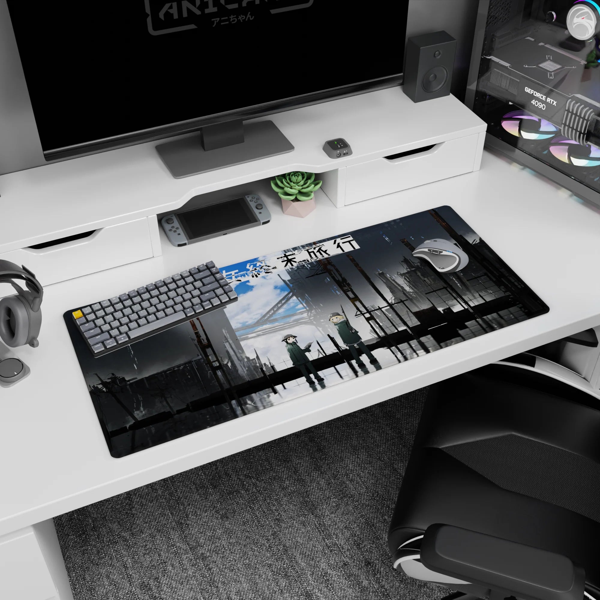 36x16 inches anime desk pad showing two helmeted figures in dark coats on a rain-gloss street, map in hand.