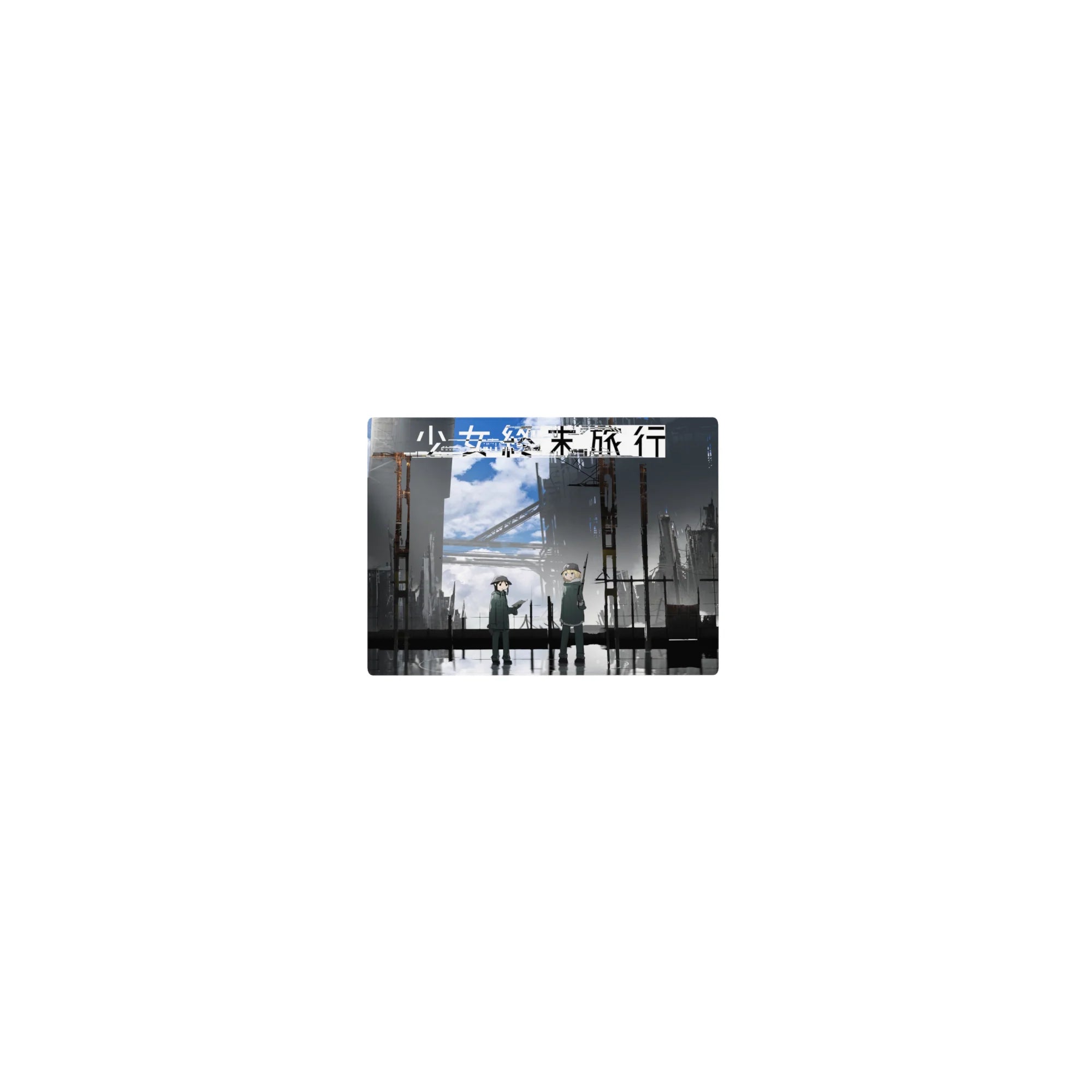 Classic anime mouse pad 14x10 inches with rainy cityscape, two soldiers, and bold Japanese poster text.