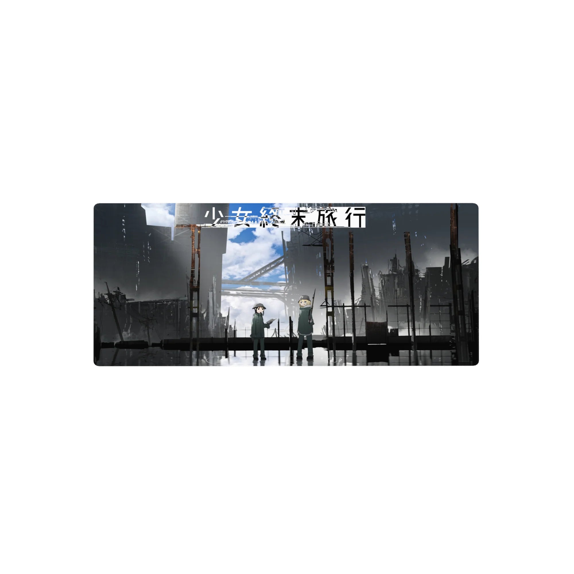 28x12 inches anime mouse pad with rainy cityscape, bold Japanese lettering, and two helmeted figures.