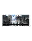 28x12 inches anime mouse pad with rainy cityscape, bold Japanese lettering, and two helmeted figures.