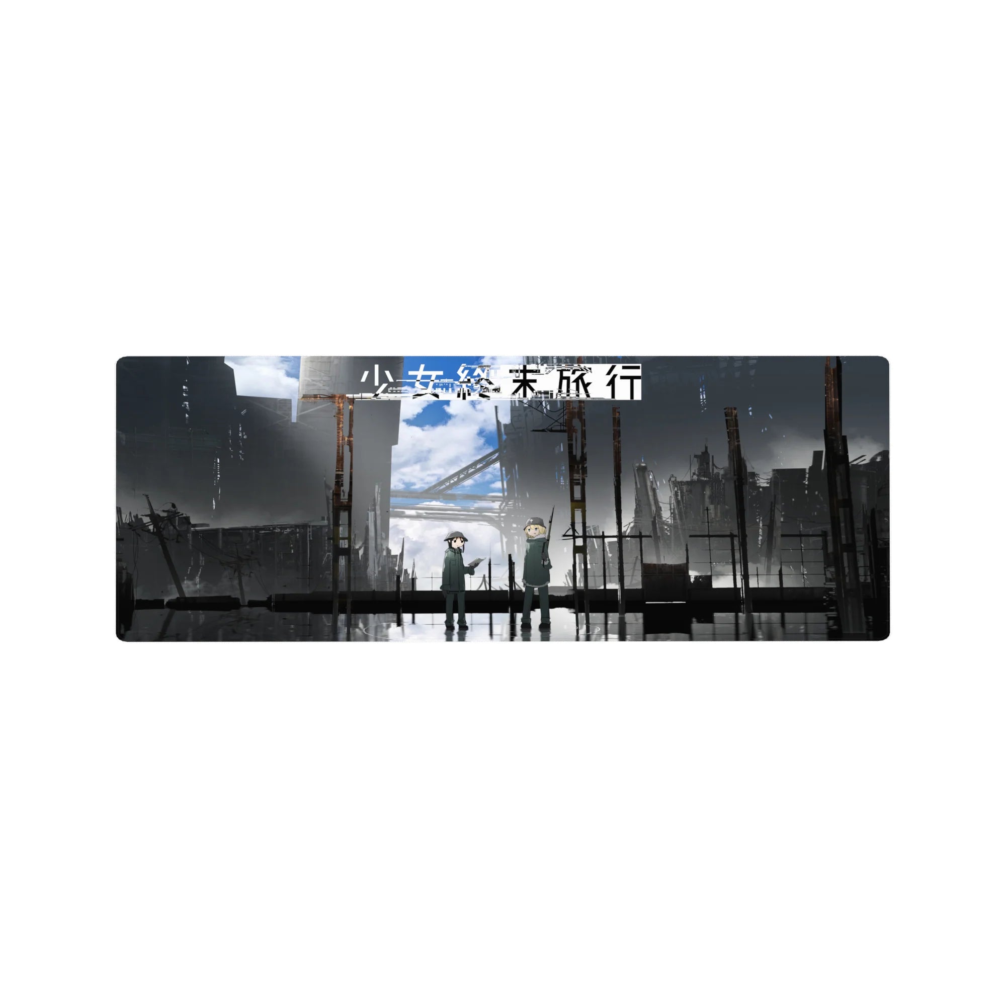 32x12 inches anime mouse pad with rainy cityscape, steel-gray skyline, and bold Japanese poster lettering.