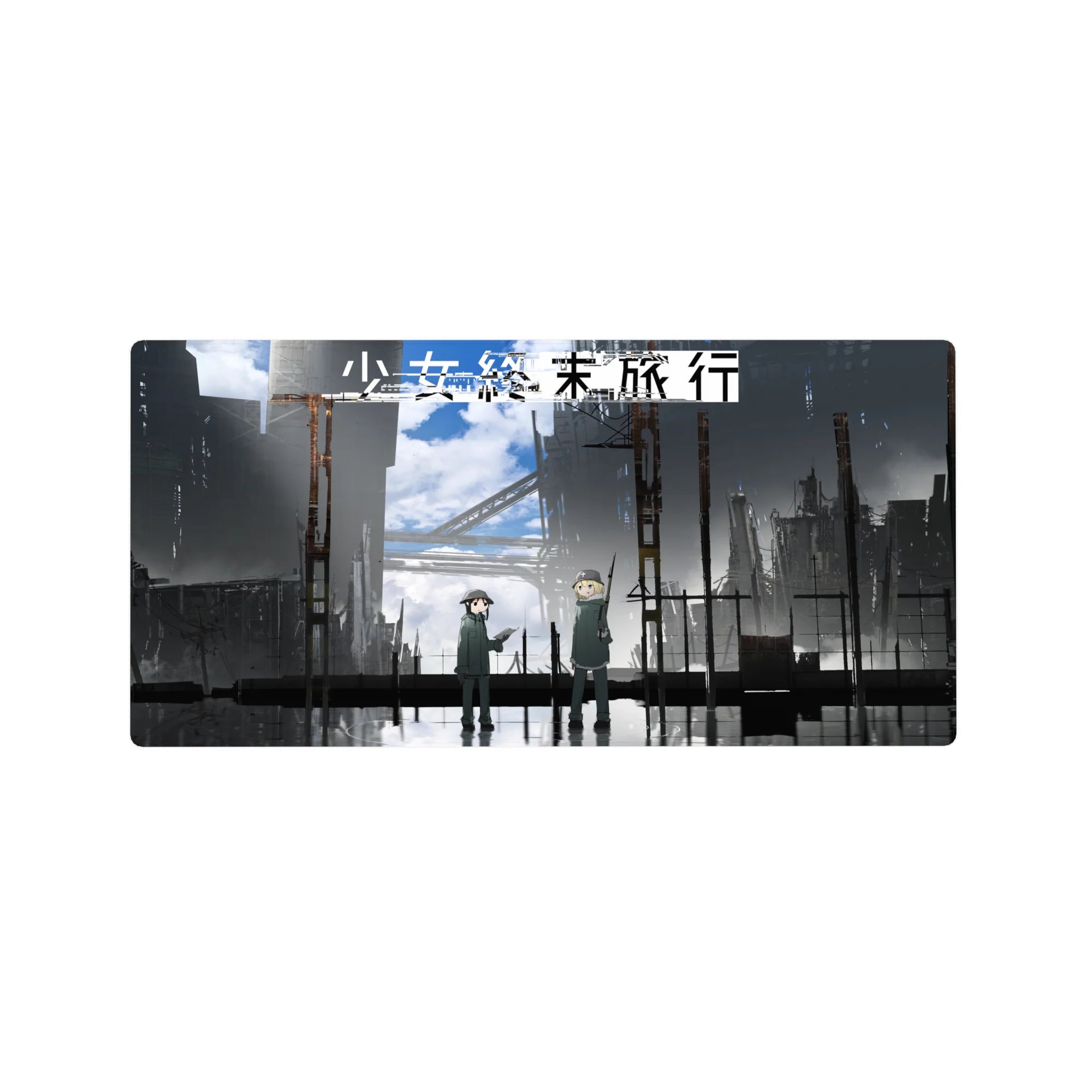 32x16 inches anime mouse pad with rainy cityscape, bold Japanese text, and two helmeted figures.