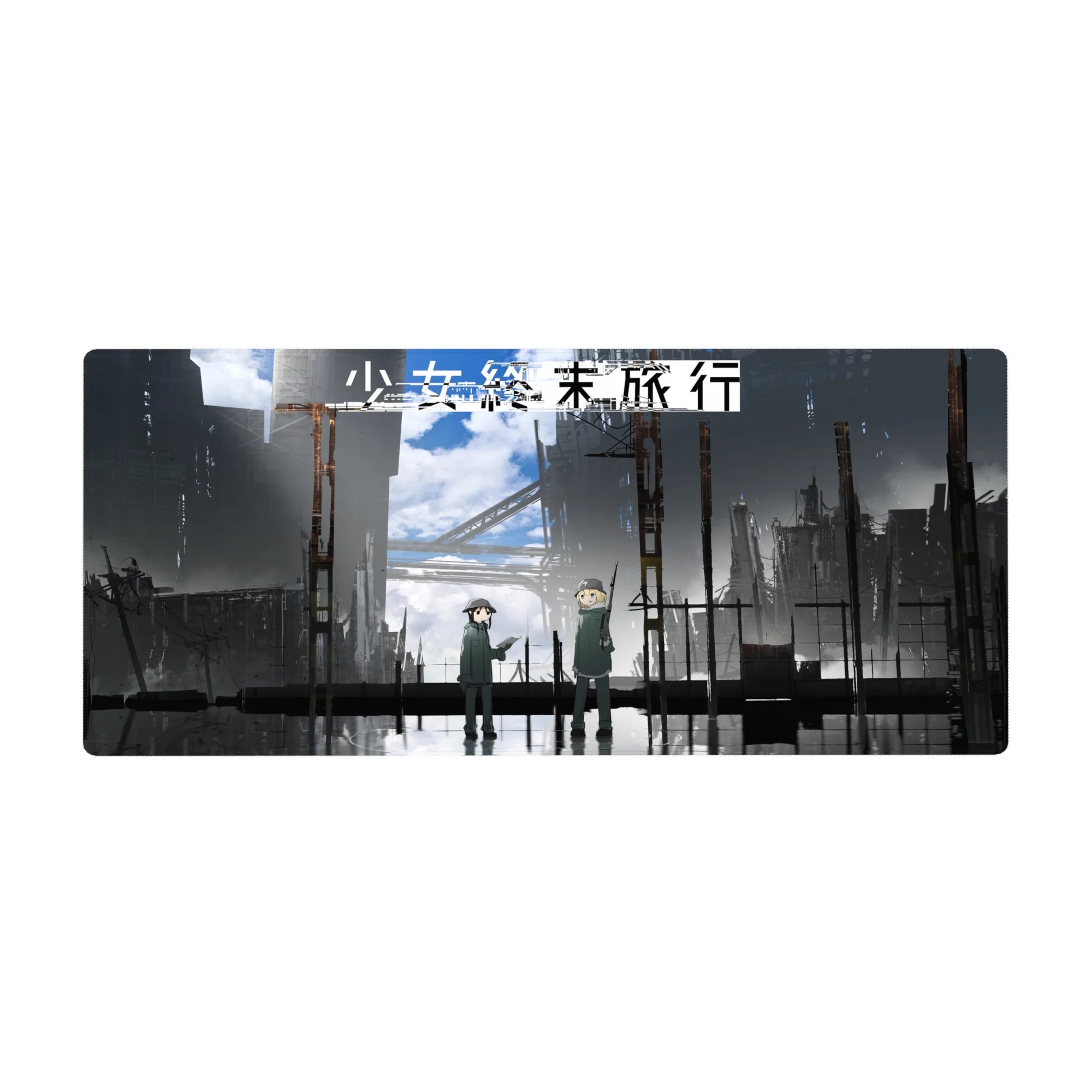 36x16 inches anime desk pad with rainy steel-gray cityscape, two soldiers, and bold Japanese poster text.