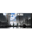 36x16 inches anime desk pad with rainy steel-gray cityscape, two soldiers, and bold Japanese poster text.