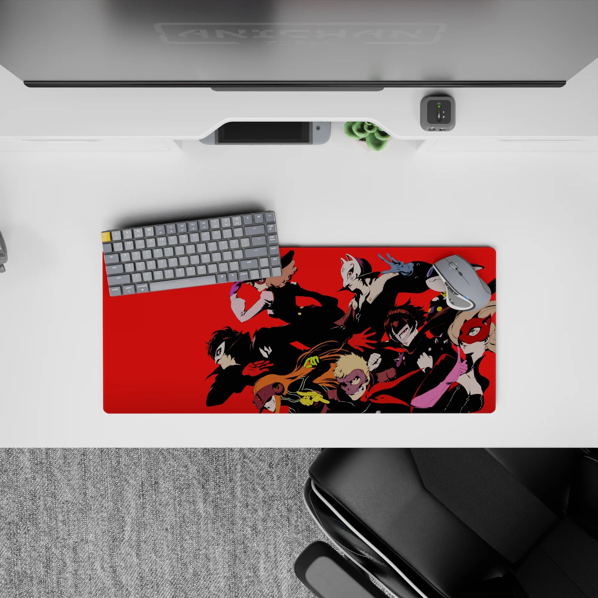 Anime mouse pad 28x12 inches featuring Persona 5&#39;s Phantom Thieves, led by Joker, in dynamic comic-book style.