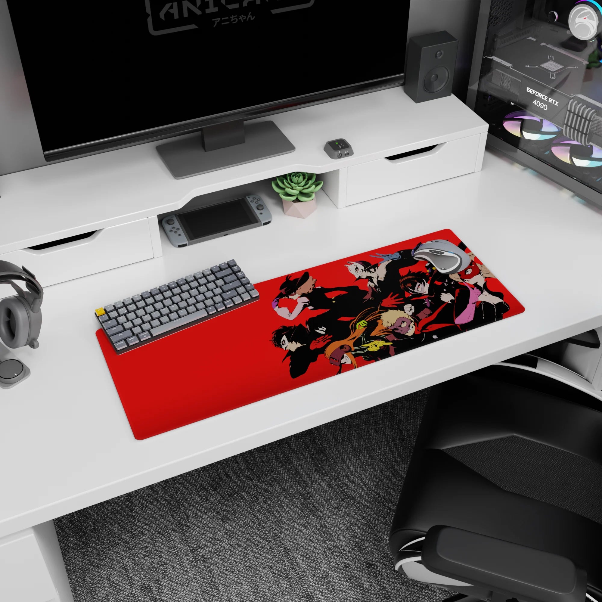 Mouse pad featuring Persona 5&#39;s Phantom Thieves, 32x12 inches, with Joker and crew in dynamic comic-book style.