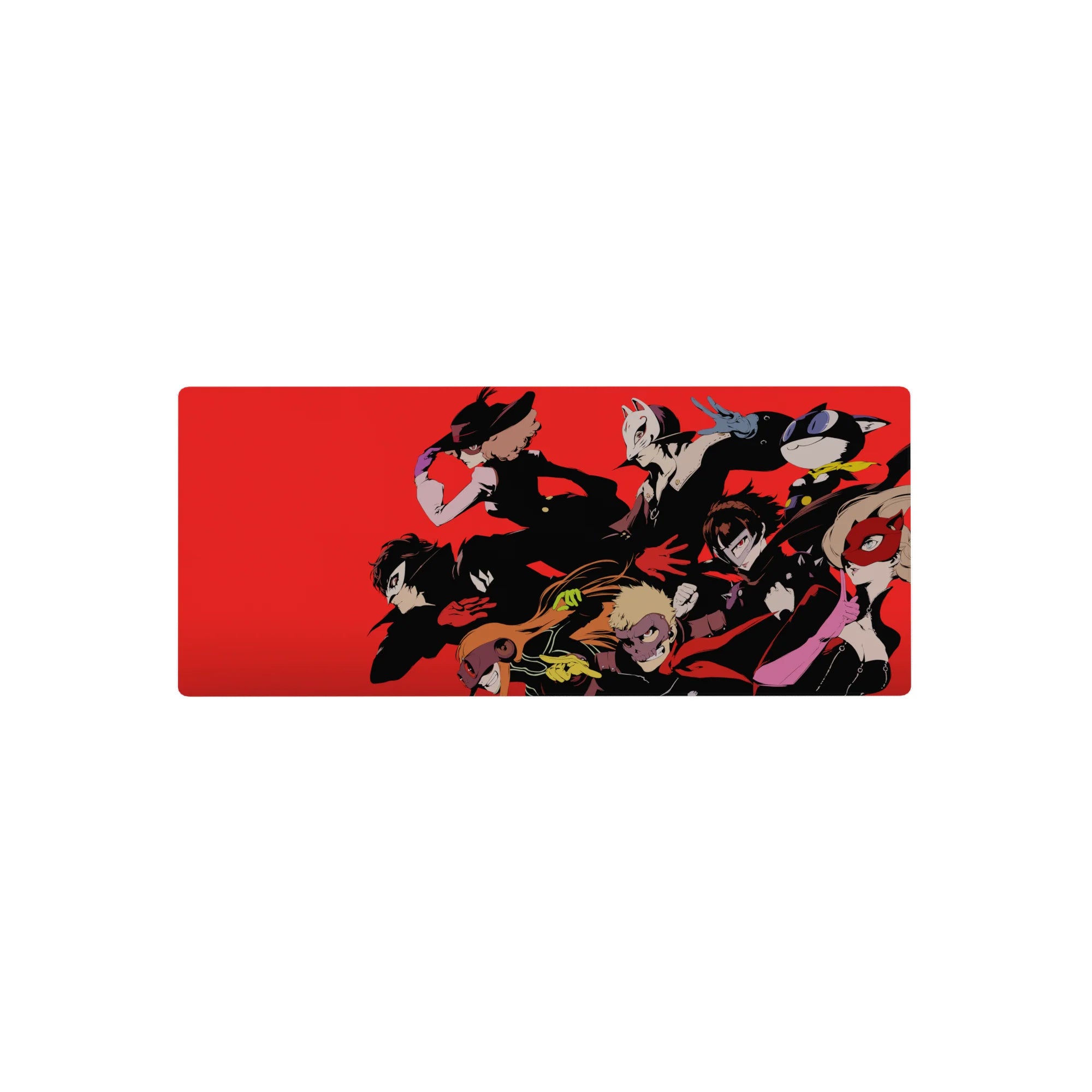 Anime mouse pad 28x12 inches featuring Persona 5&#39;s Phantom Thieves, led by Joker, in a dramatic, comic-book style.