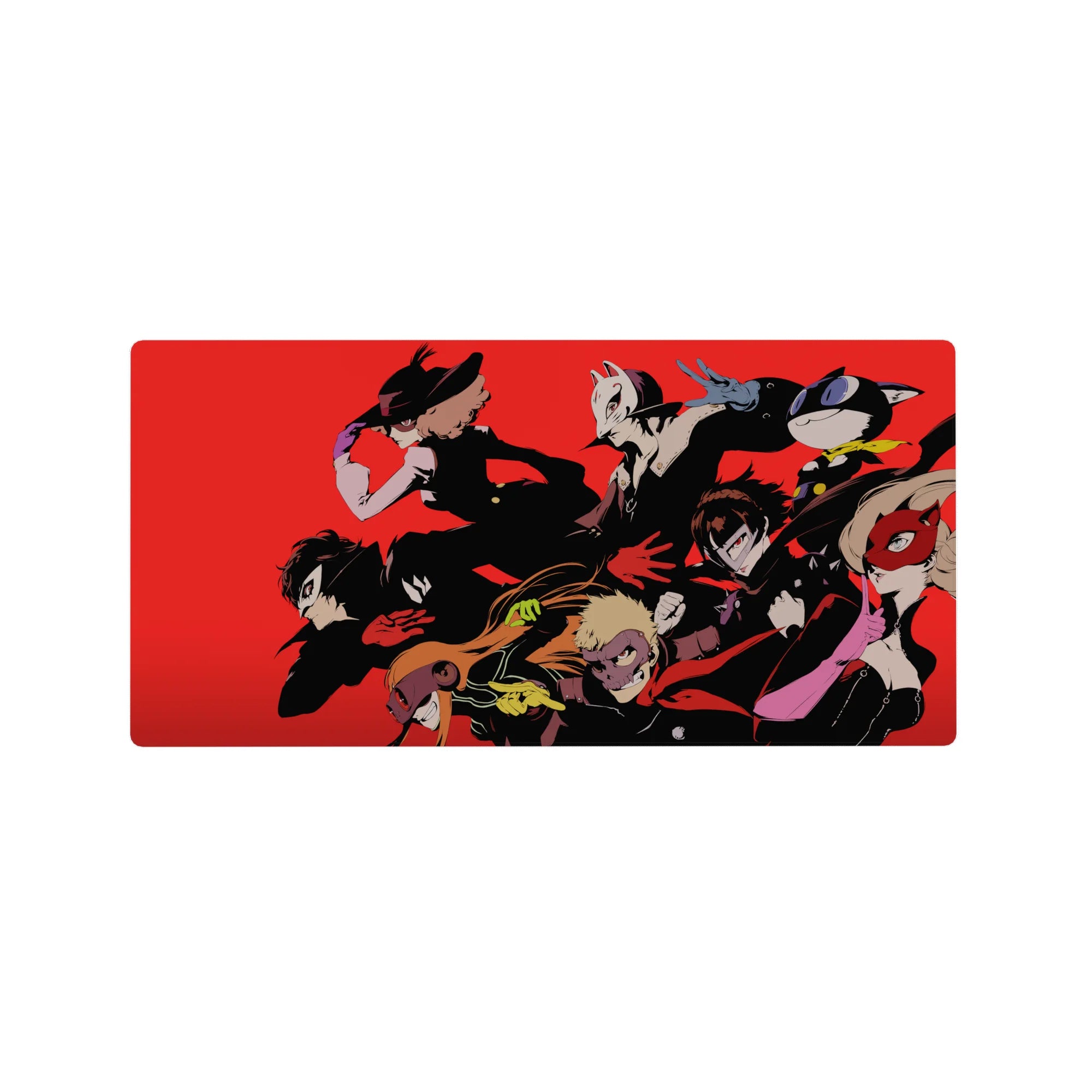 Persona 5 mouse pad 32x16 inches featuring the Phantom Thieves, including Joker, with bold outlines and a red backdrop.
