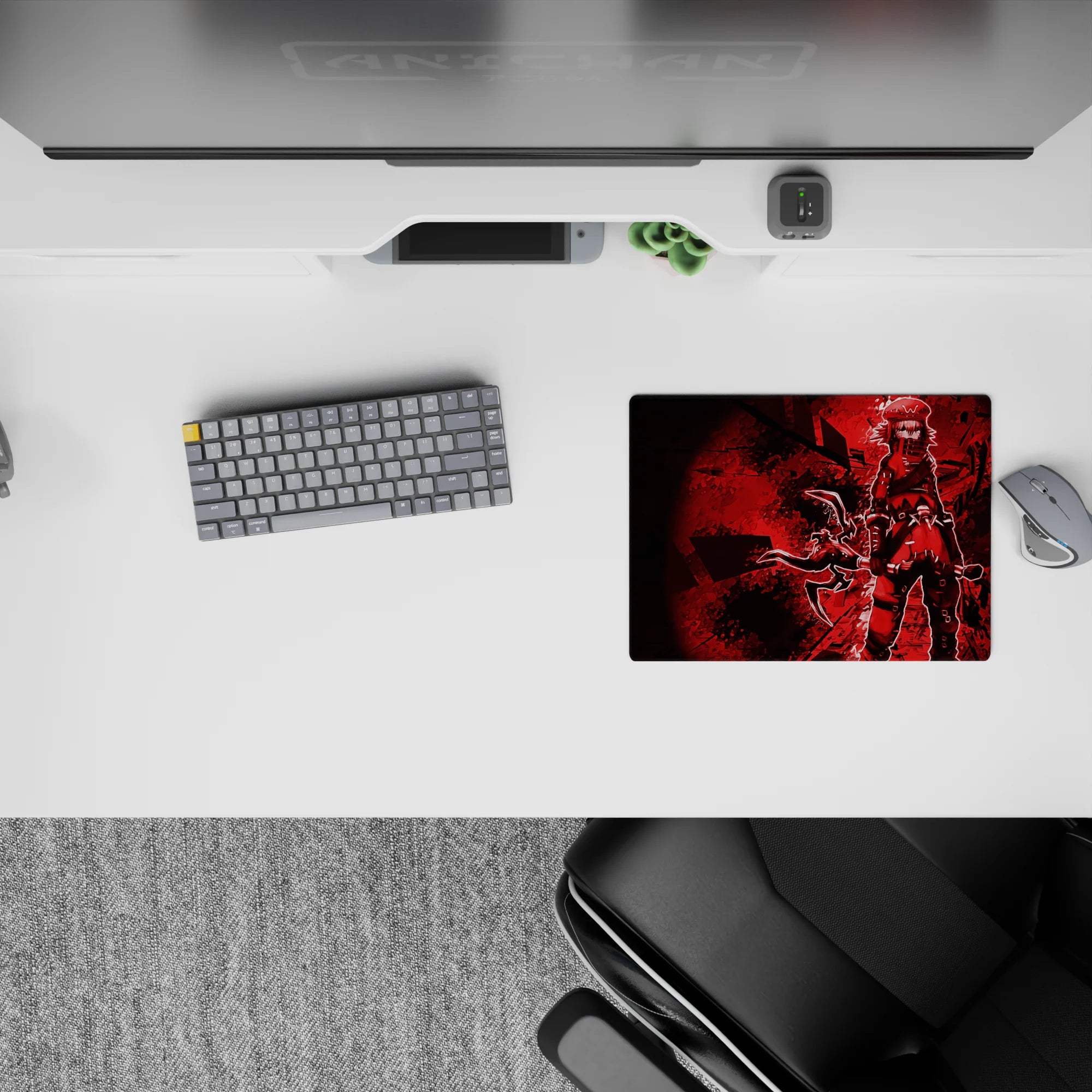 Moody red-and-black anime girl mouse pad 14x10 inches, crimson shadows and shattered dark patterns.