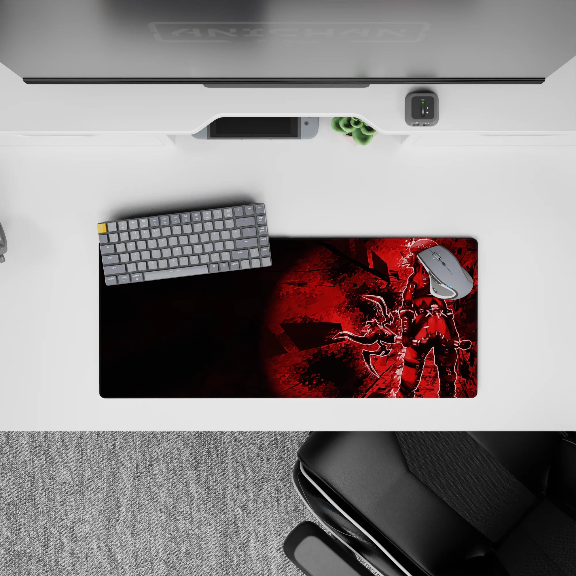 28x12 inches anime girl mouse pad in deep crimson tones with shattered black patterns and moody red glow.