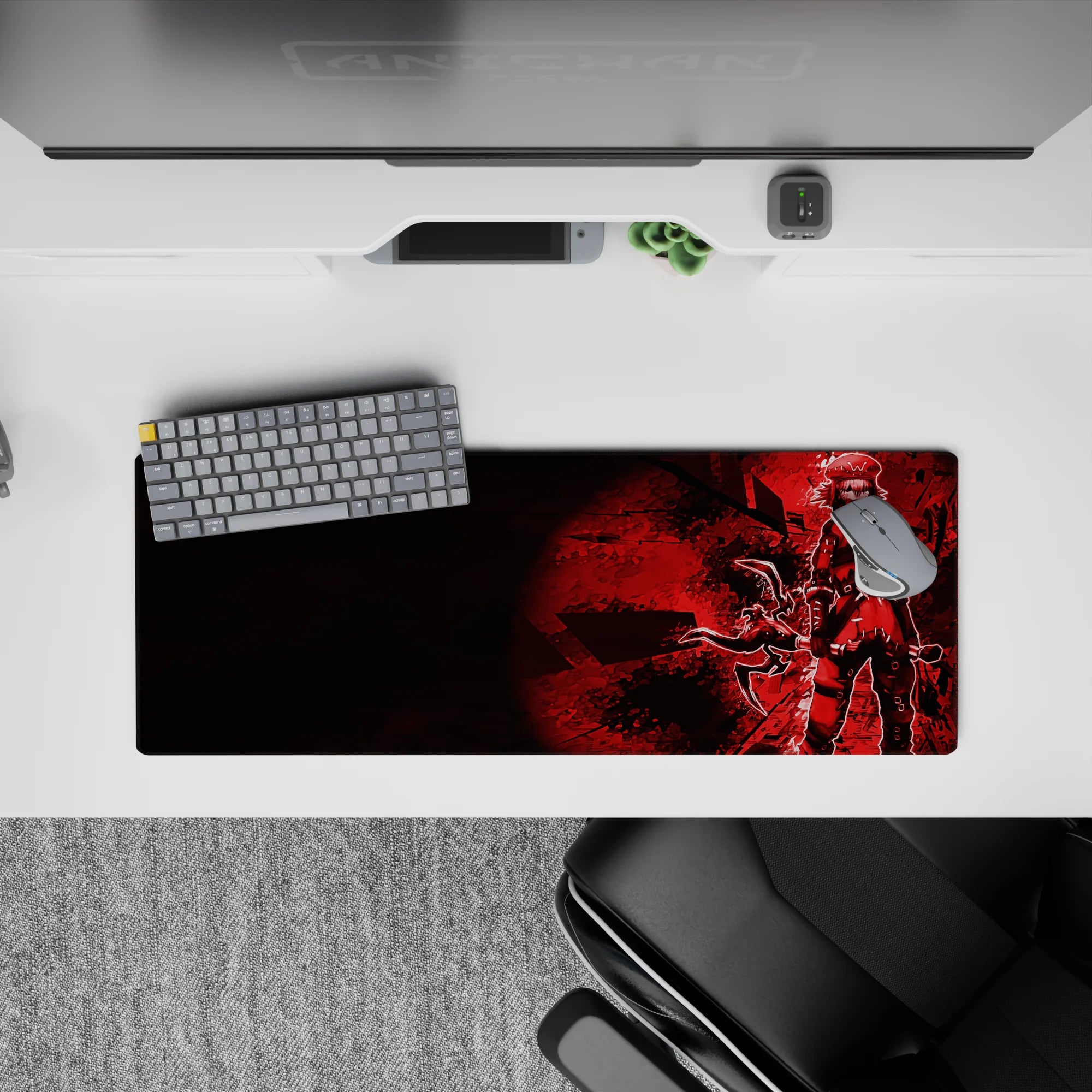 32x12 inches anime girl mouse pad in moody crimson reds with shattered black contrast and cool confidence.