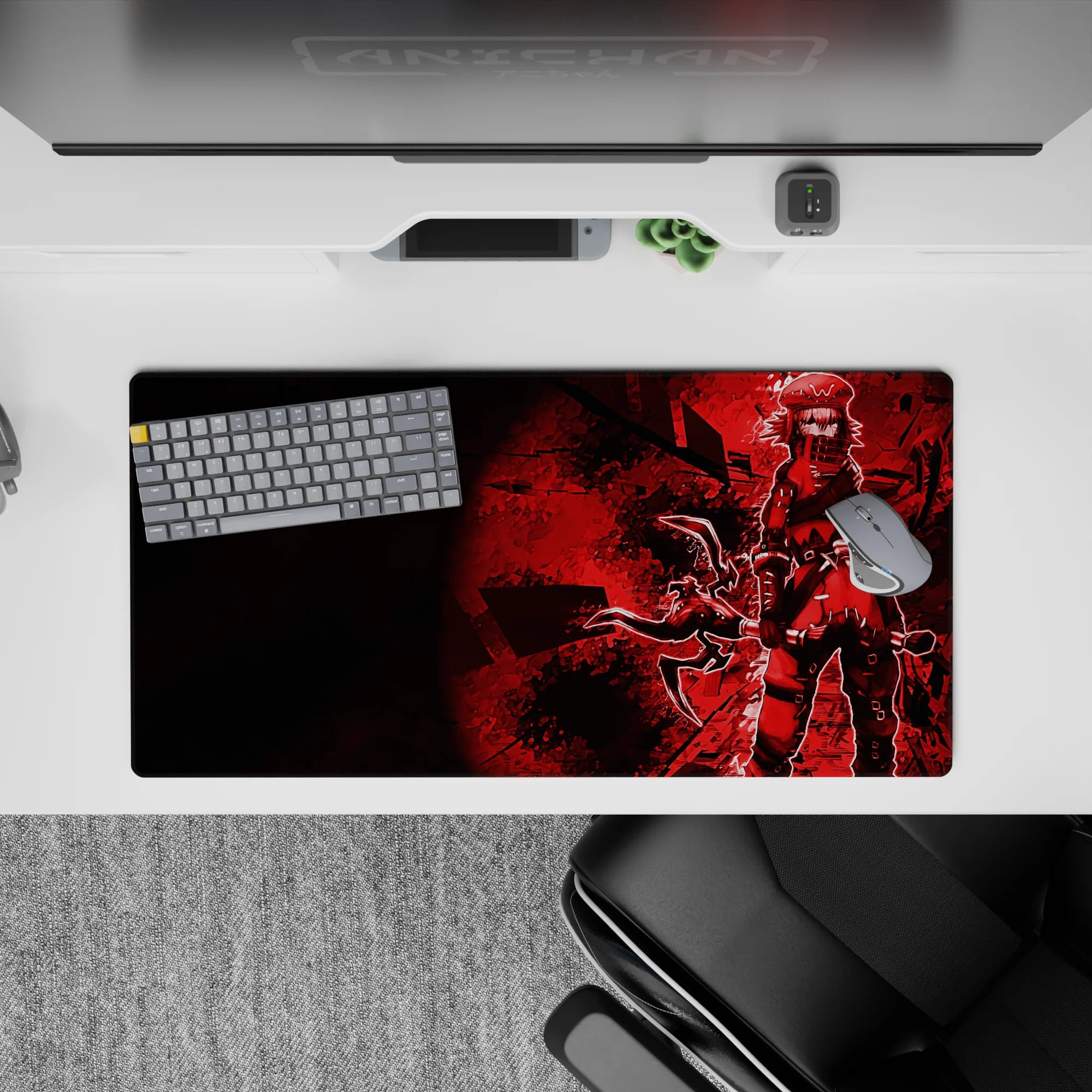 Moody crimson anime girl mouse pad 32x16 inches in deep red glow with sharp black contrast.