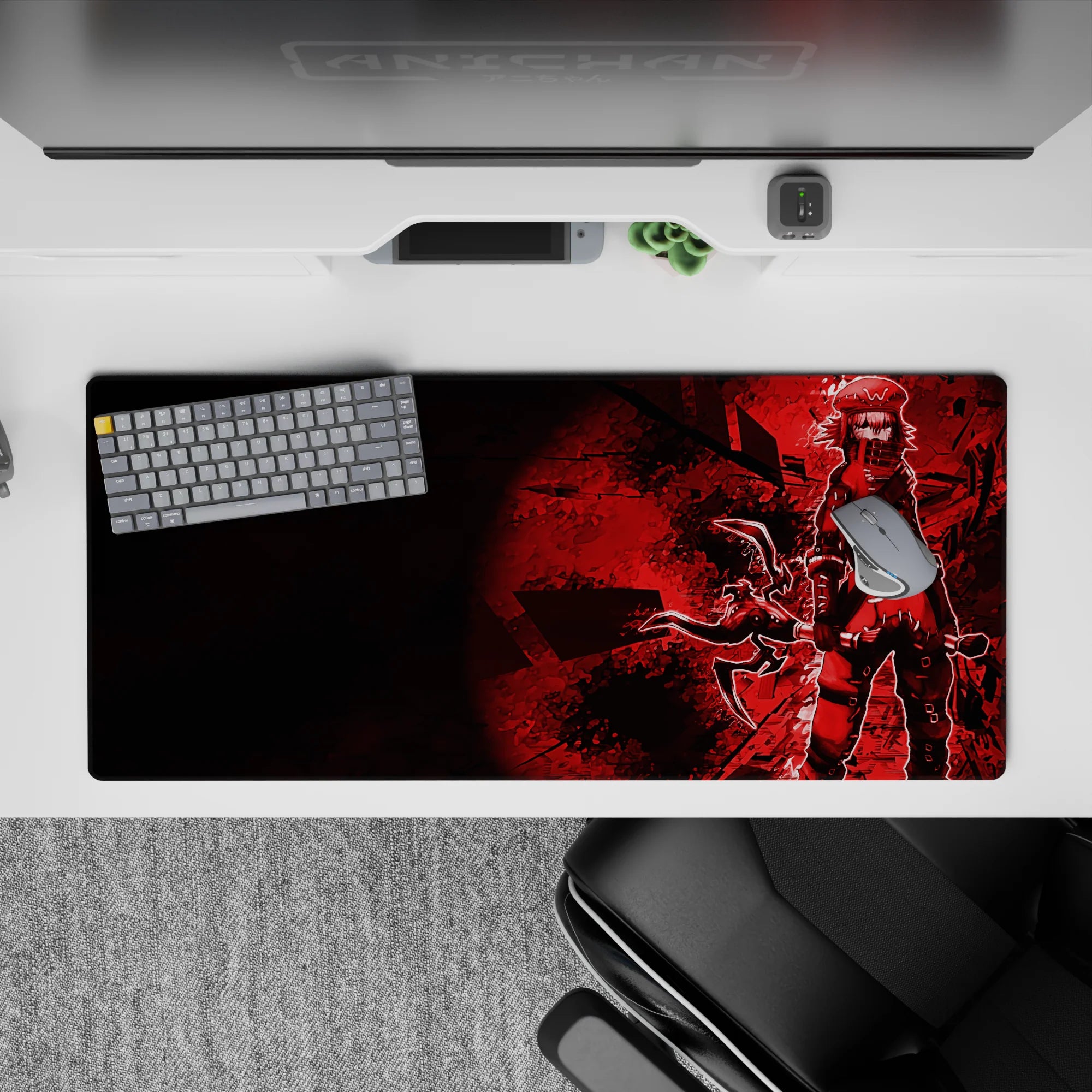 36x16 inches anime desk pad in deep crimson and shattered black, moody red glow, edgy street-battle vibe.