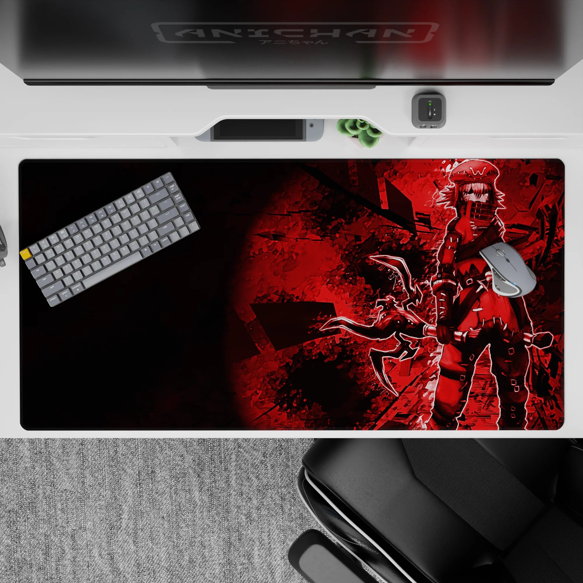 40x20 inches red-and-black anime desk pad with moody crimson shadows, shattered patterns, and edgy contrast.