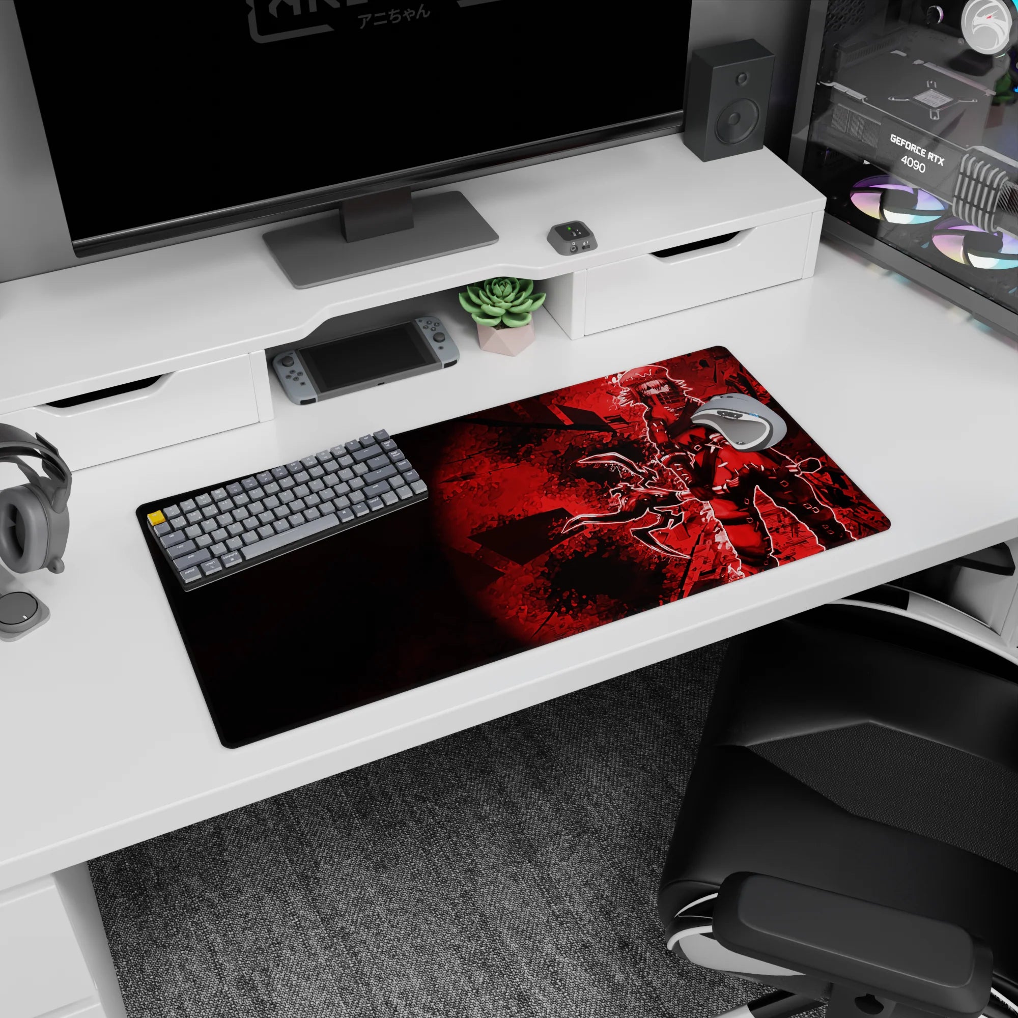 Masked anime girl in cap and scarf with oversized sword on a 32x16 inches desk mouse pad.