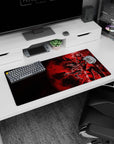 Masked anime girl in cap and scarf with oversized sword on a 32x16 inches desk mouse pad.