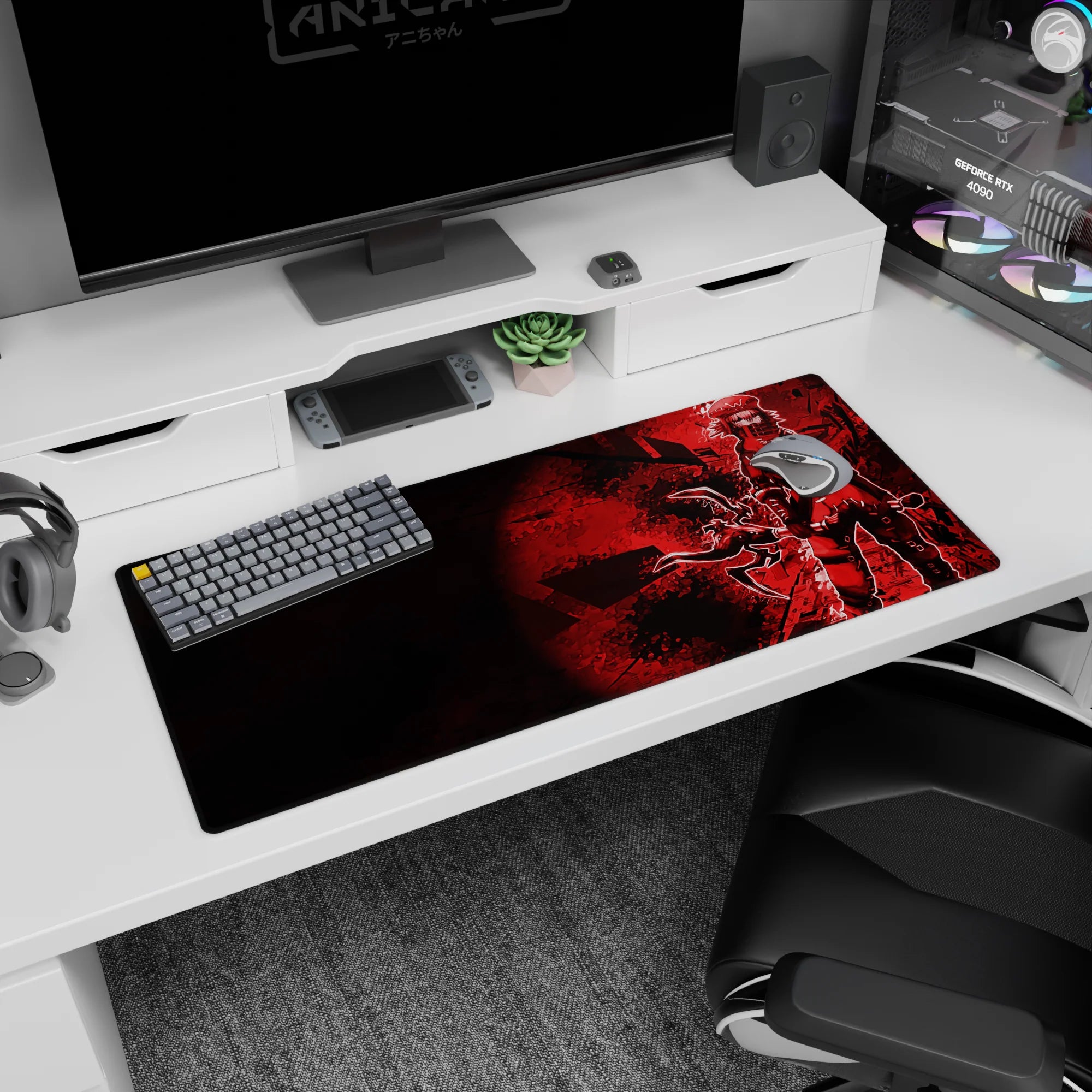 36x16 inches desk pad showing a fearless masked anime girl in red shadows, oversized sword ready for action.