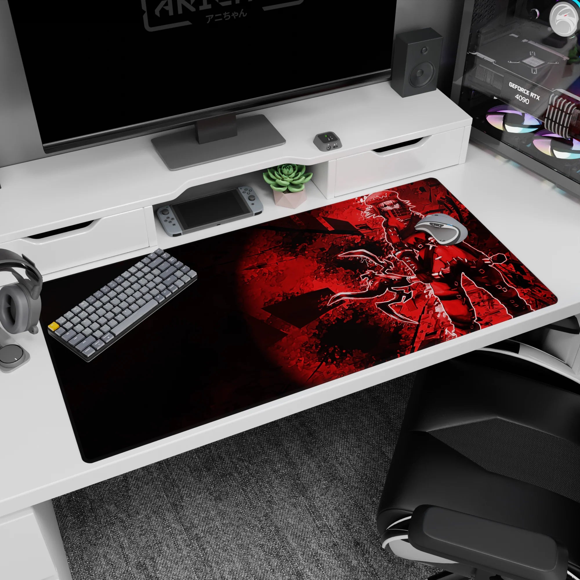 40x20 inches anime mouse pad showing a fearless masked girl in cap and scarf wielding a giant blade.