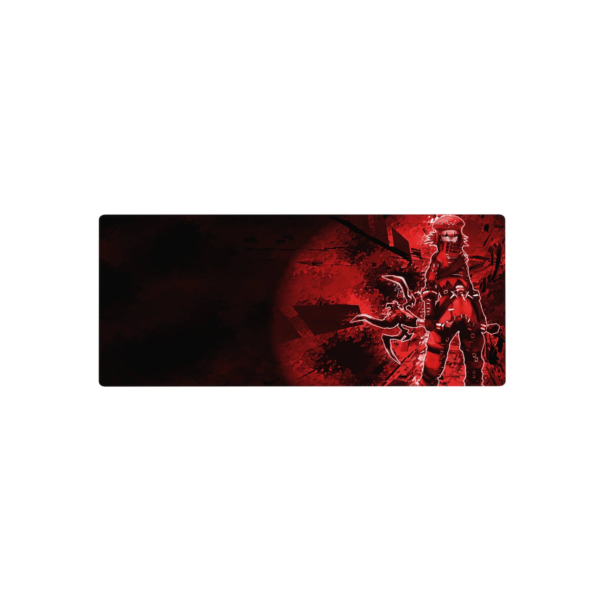 28x12 inches anime girl mouse pad with masked warrior, streetwear cap and scarf, and oversized blade art.