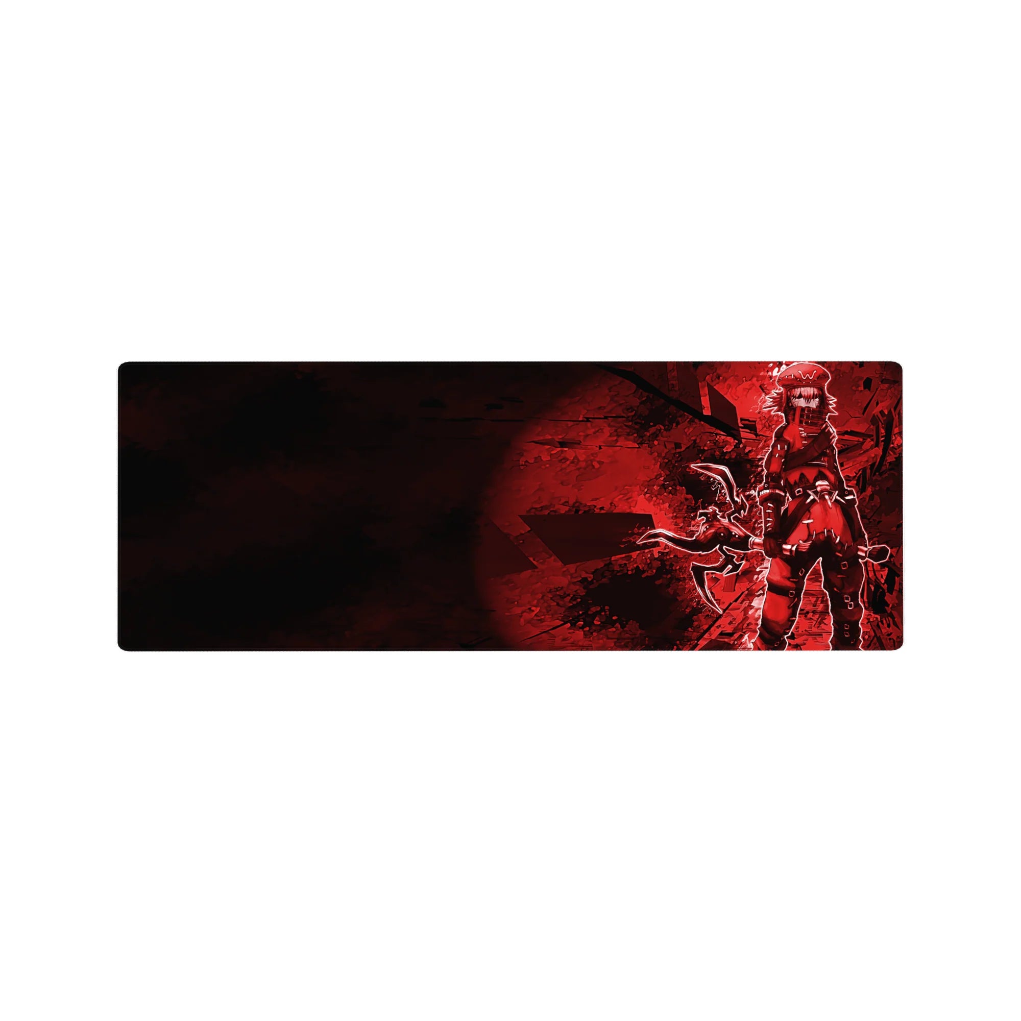 32x12 inches anime girl mouse pad with masked street fighter, cap, scarf, and oversized blade art.