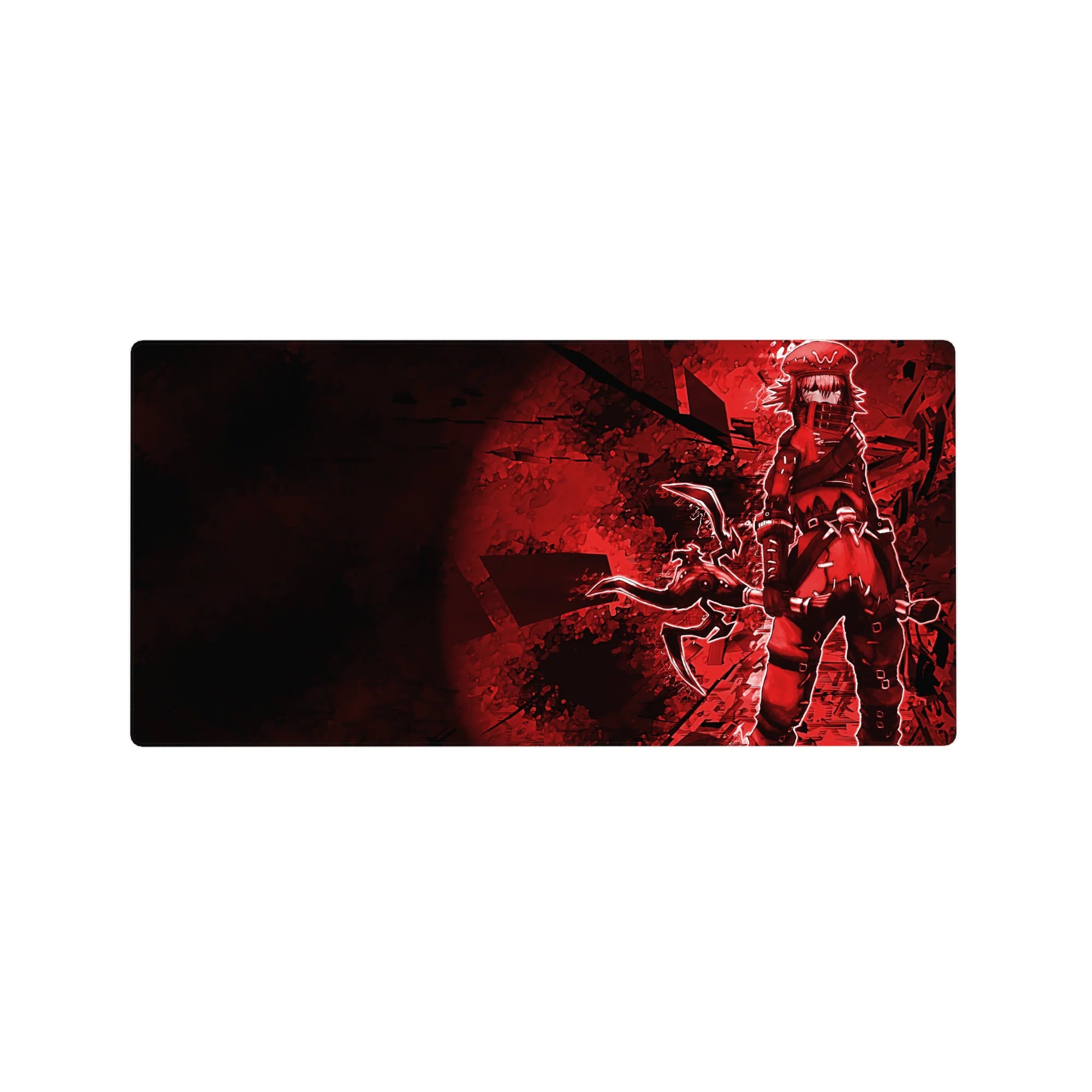 Anime girl mouse pad 32x16 inches with masked warrior, red shadows, black shattered pattern, big blade.