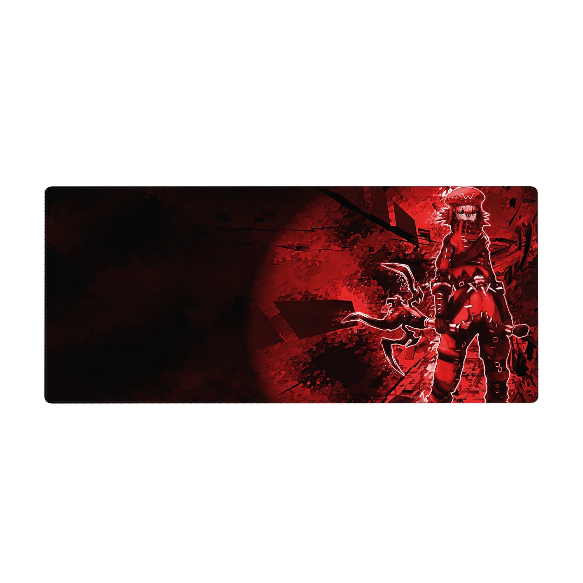 36x16 inches anime girl desk pad with masked warrior, cap and scarf, straps and buckles, giant blade.