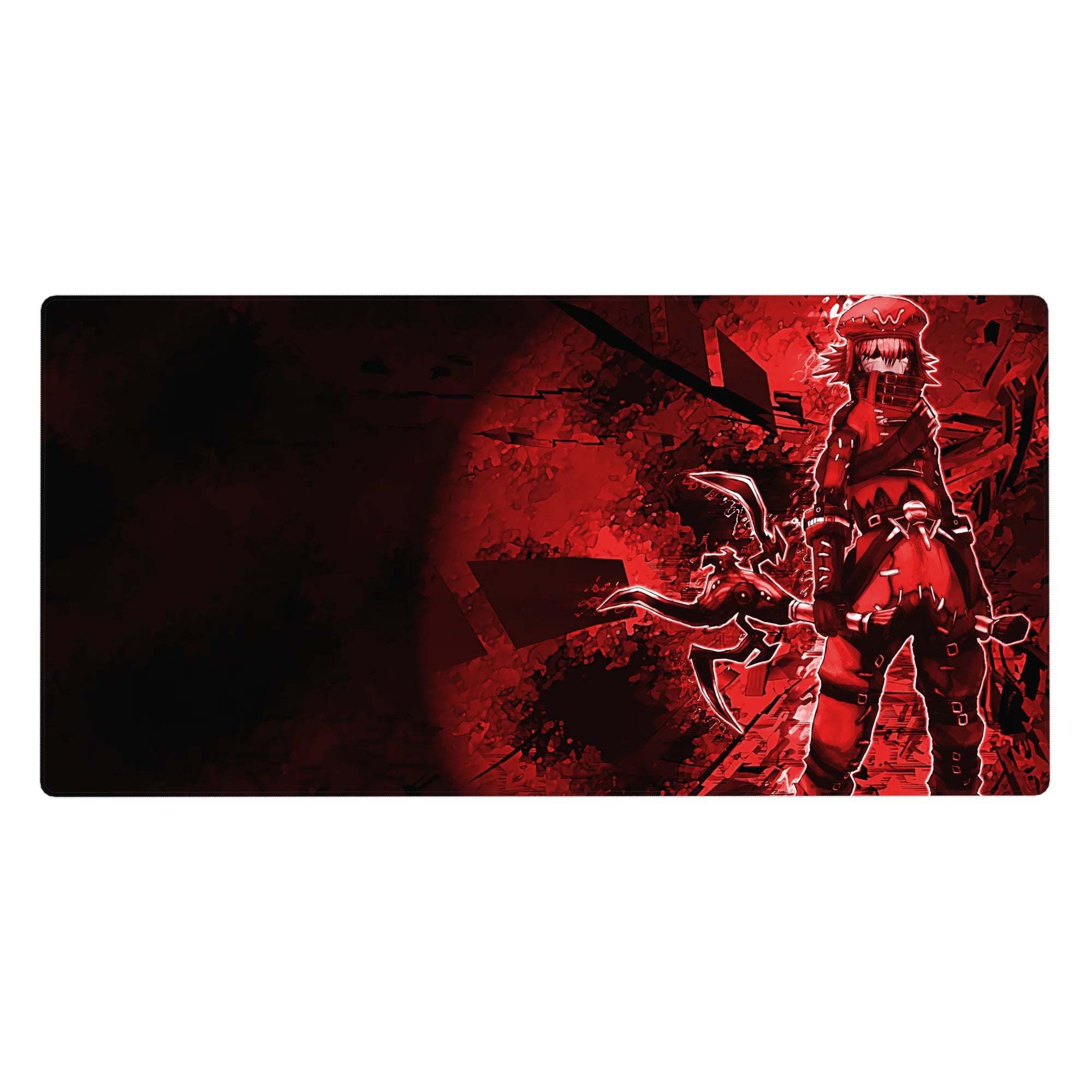 40x20 inches anime girl desk pad with masked warrior, streetwear cap and scarf, buckles, and oversized sword.