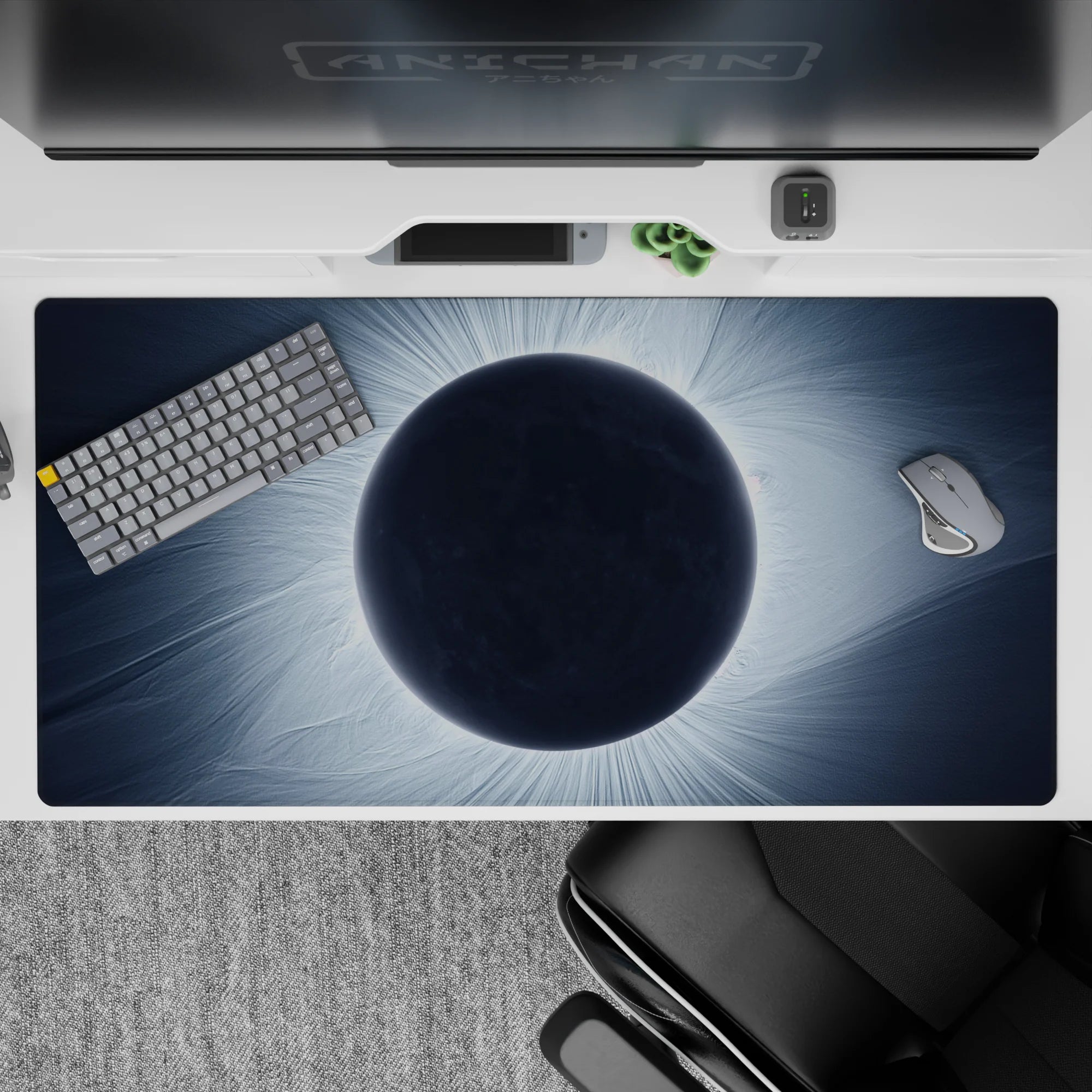 Moody smoky navy desk pad 40x20 inches with steel-blue glow and calm cosmic hush aesthetic.