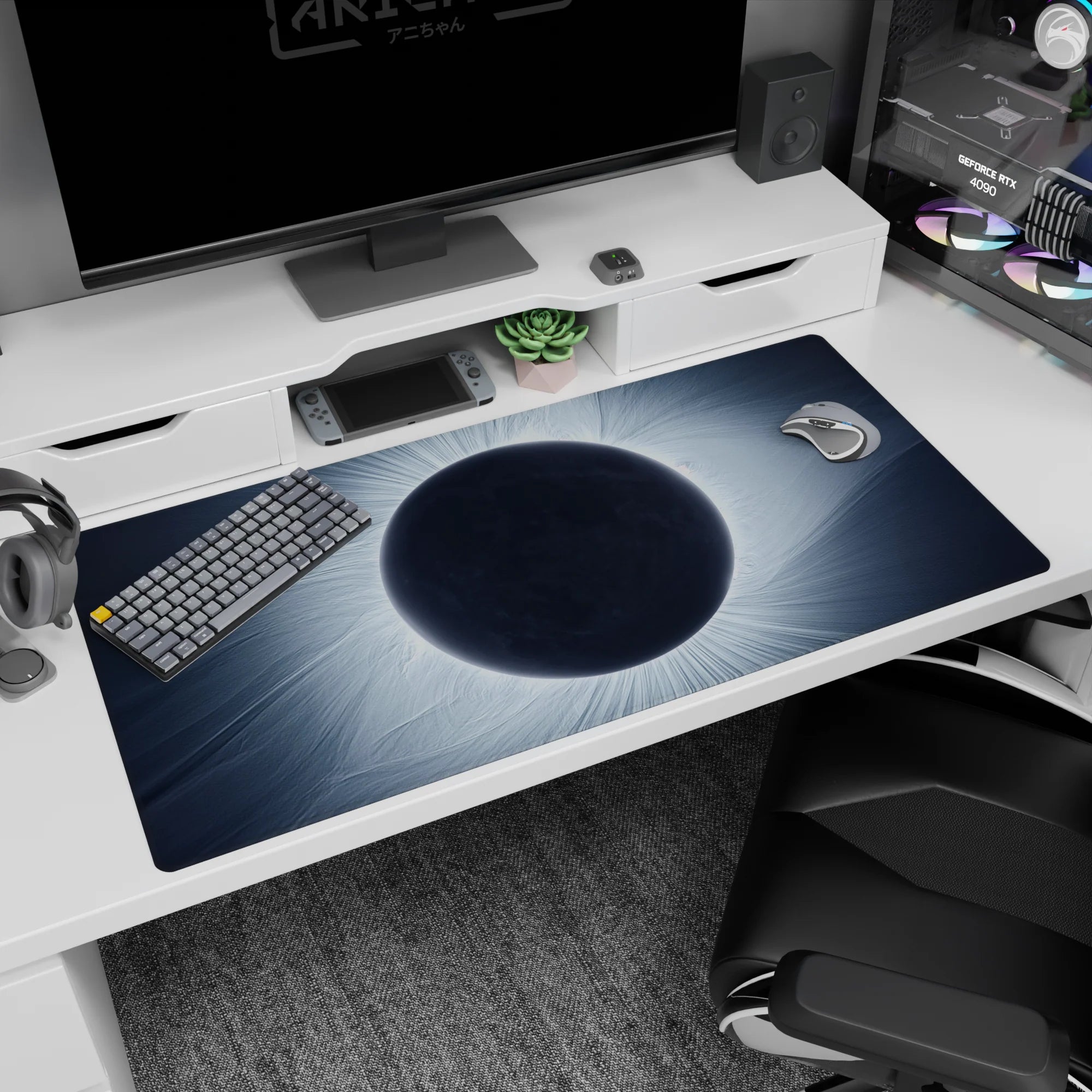 Black eclipse circle desk pad 40x20 inches over wavy navy backdrop with hypnotic corona ripples.