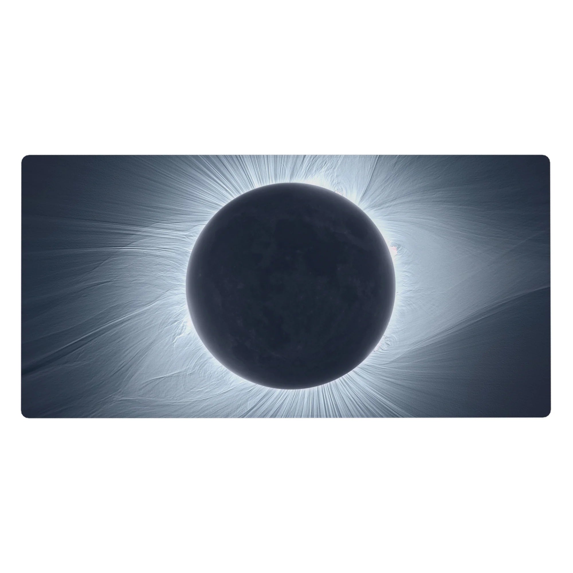 Cosmic eclipse desk pad 40x20 inches with rippling corona lines and smooth gradient design.