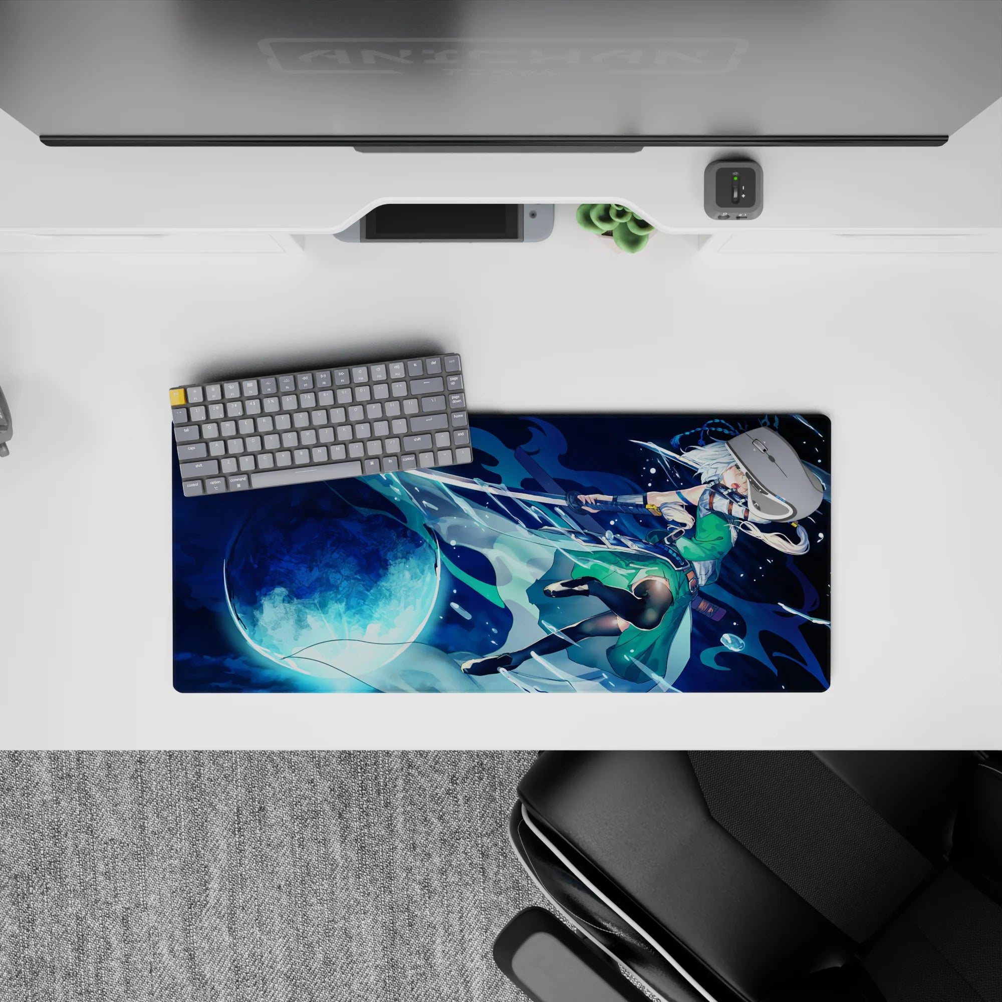 28x12 inches anime desk mat in deep navy and icy aqua, bright full moon glow, dreamy night battle mood.