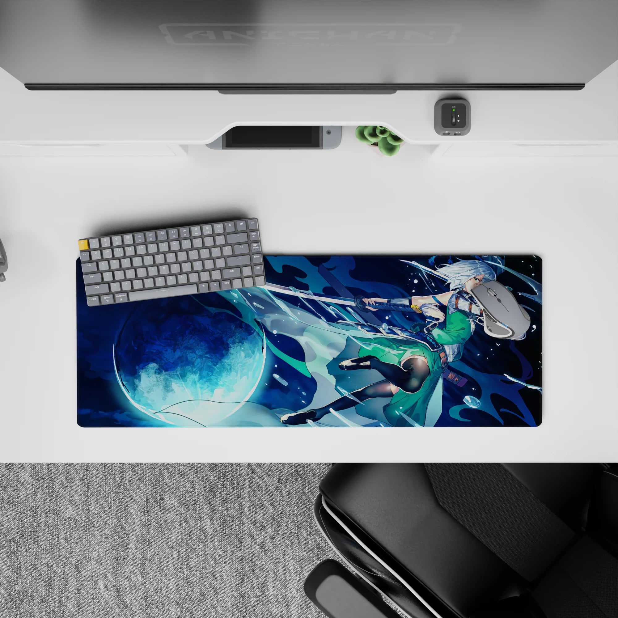 32x12 inches anime girl mouse pad in deep navy and icy aqua, glowing full moon, late-night fantasy mood.