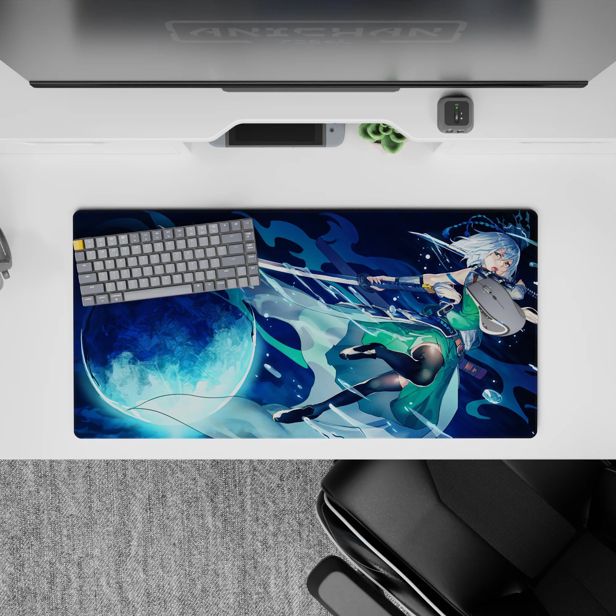32x16 inches anime desk mat in deep navy and icy aqua, bright full moon glow, late-night fantasy mood.