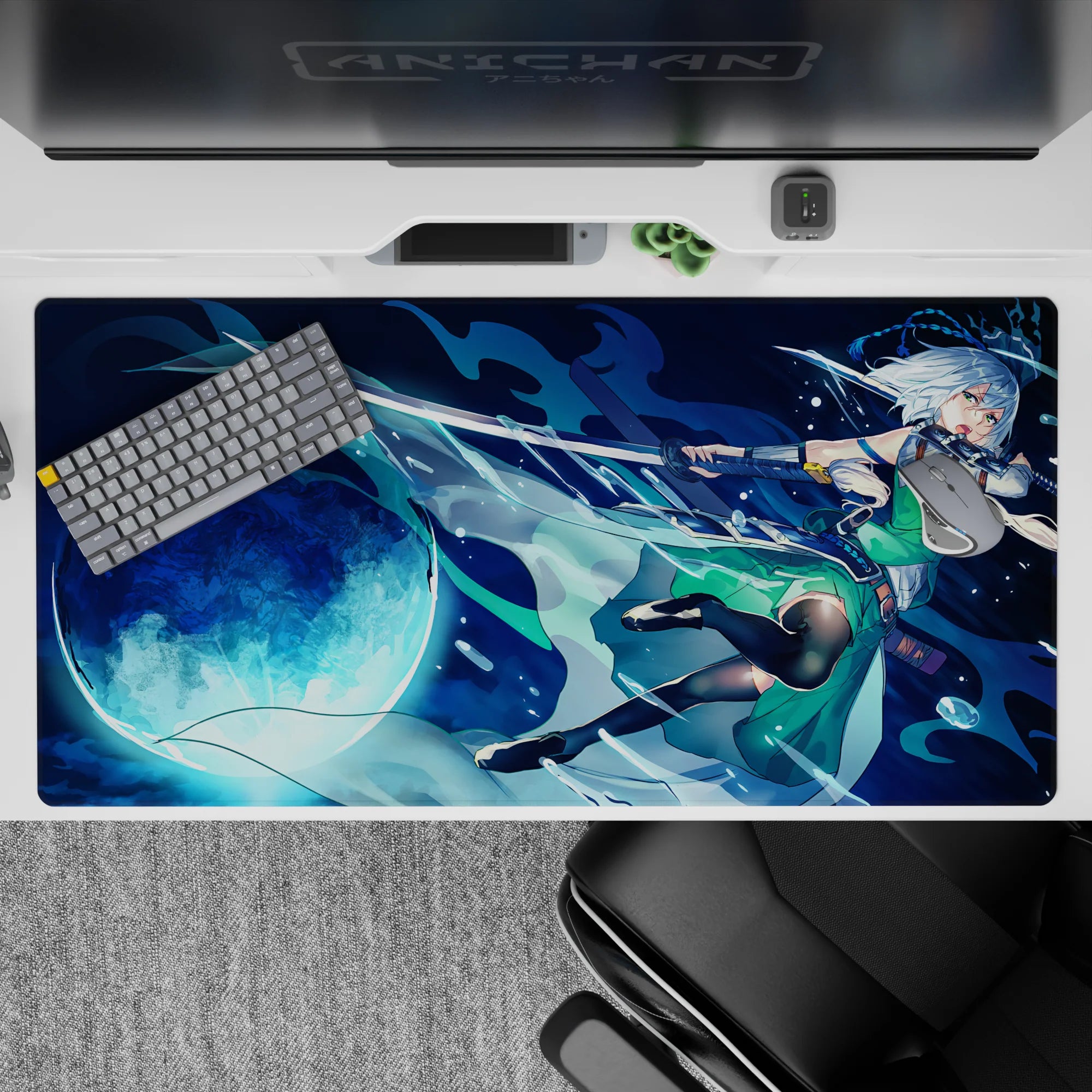 Night-blue anime desk pad 40x20 inches in icy aqua splashes, full moon glow, and watery motion.