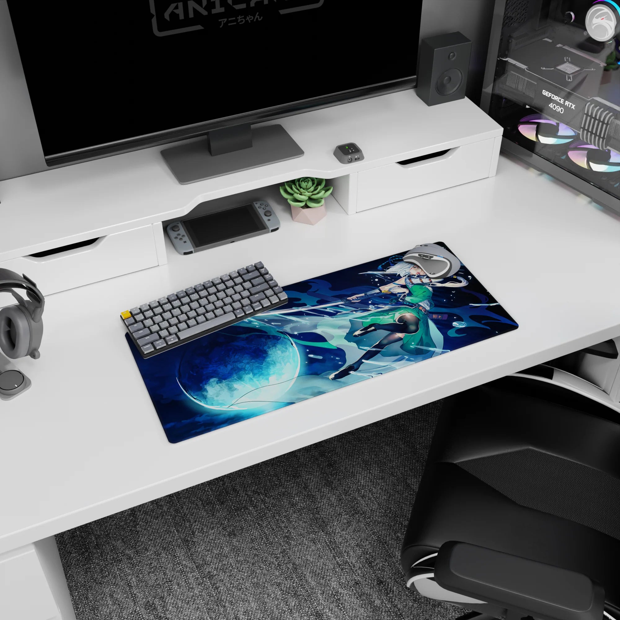 28x12 inches mouse pad featuring silver-haired anime swordswoman slashing under a full moon with water-like energy.