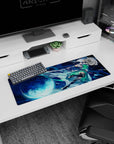 32x12 inches anime girl mouse pad showing silver-haired swordswoman under a full moon with water-like blade streaks.