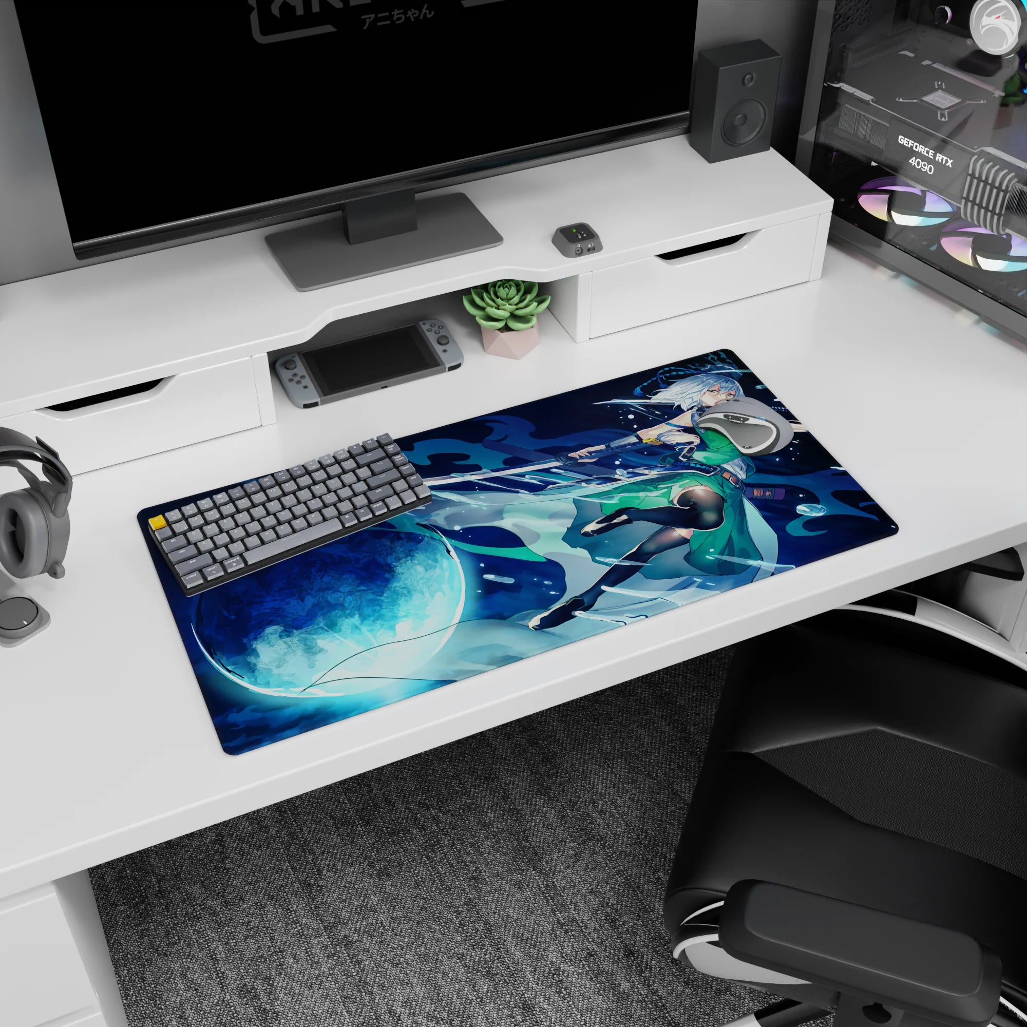 32x16 inches mouse pad featuring silver-haired anime swordswoman under a full moon, blade streaking water energy.